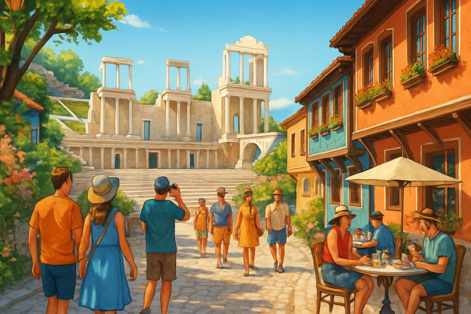 A lively street scene in Plovdiv, Bulgaria, with the ancient Roman theatre in the background and tourists walking along cobblestone streets lined with colorful houses and outdoor cafés.