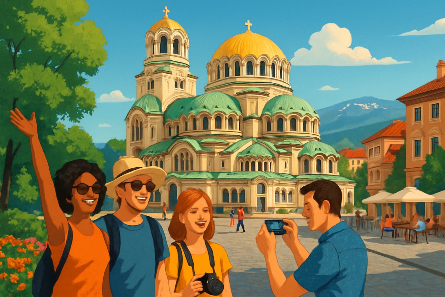 Tourists enjoying a sunny day near the Alexander Nevsky Cathedral in Sofia, Bulgaria, with traditional buildings and mountains in the background.
