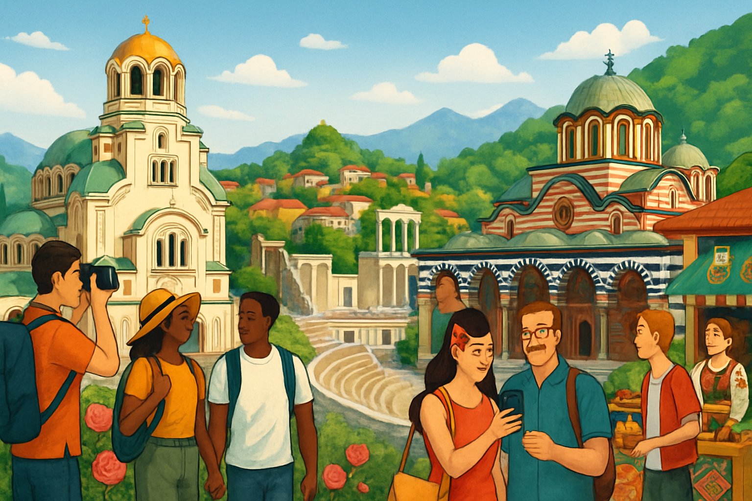 A scene showing travelers exploring famous Bulgarian landmarks, including a golden-domed cathedral, an ancient theater, and a mountain monastery, surrounded by greenery and market stalls.