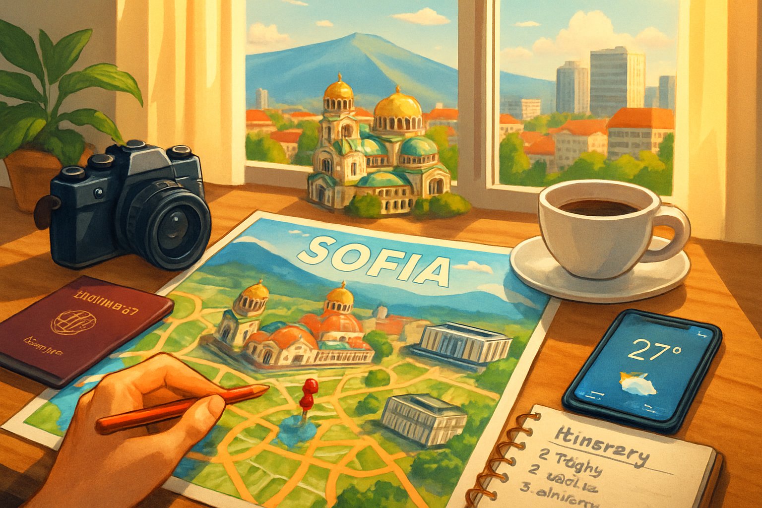 A desk with a map of Sofia, Bulgaria, surrounded by travel items like a camera, passport, smartphone, and notebook, with a cityscape of Sofia visible in the background.