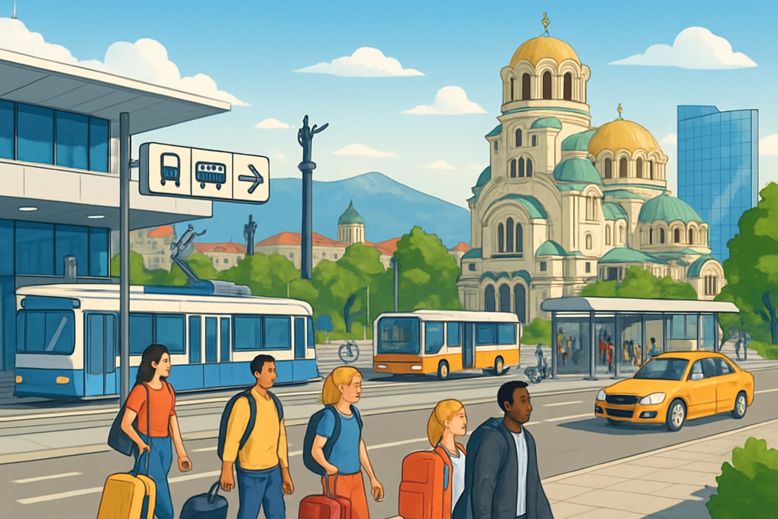 A city scene showing travelers arriving in Sofia, Bulgaria, with landmarks, transportation options, and city streets.