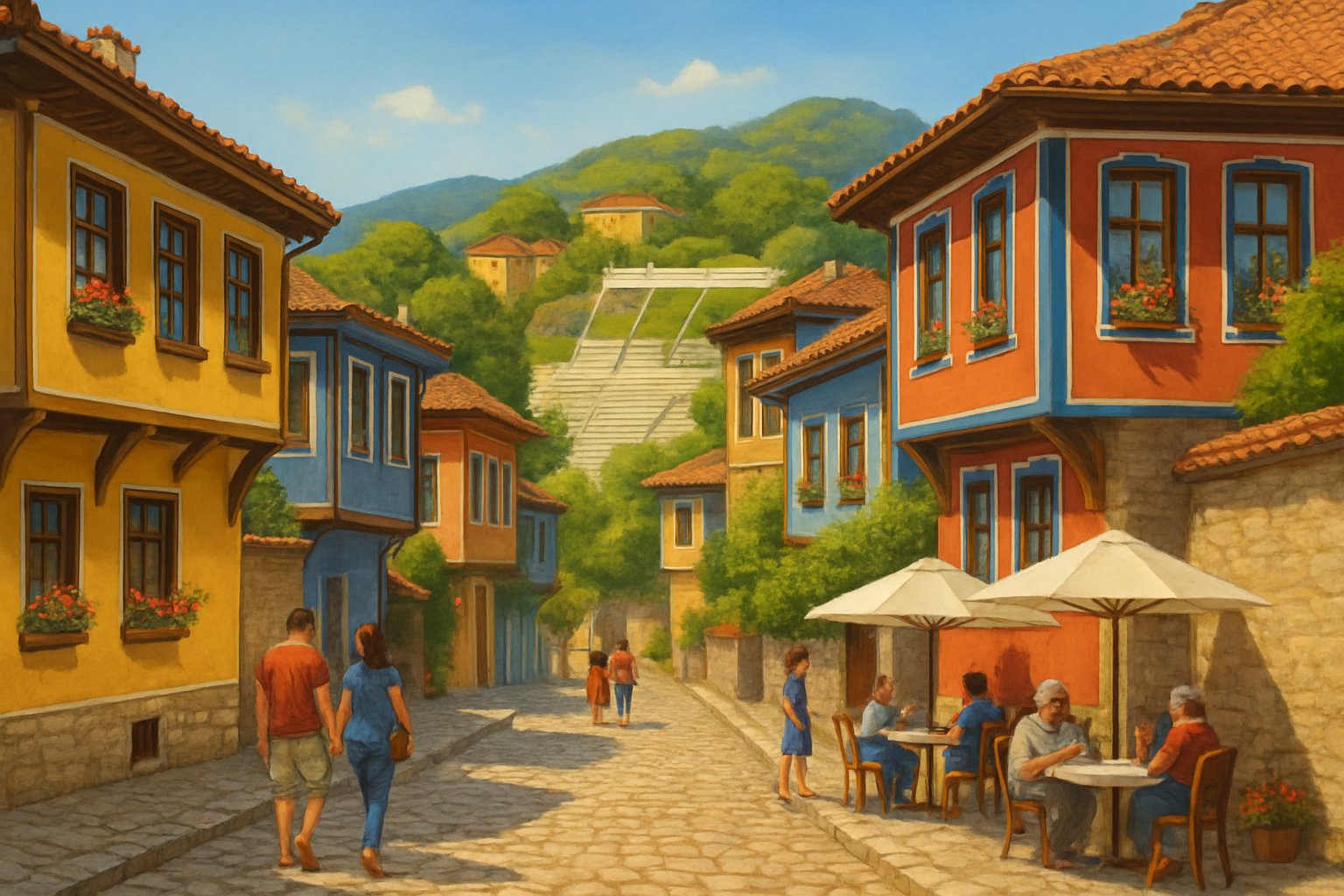 A view of Plovdiv Old Town with cobblestone streets, colorful traditional houses, the ancient Roman Theatre, trees, and people walking and sitting at outdoor cafes.