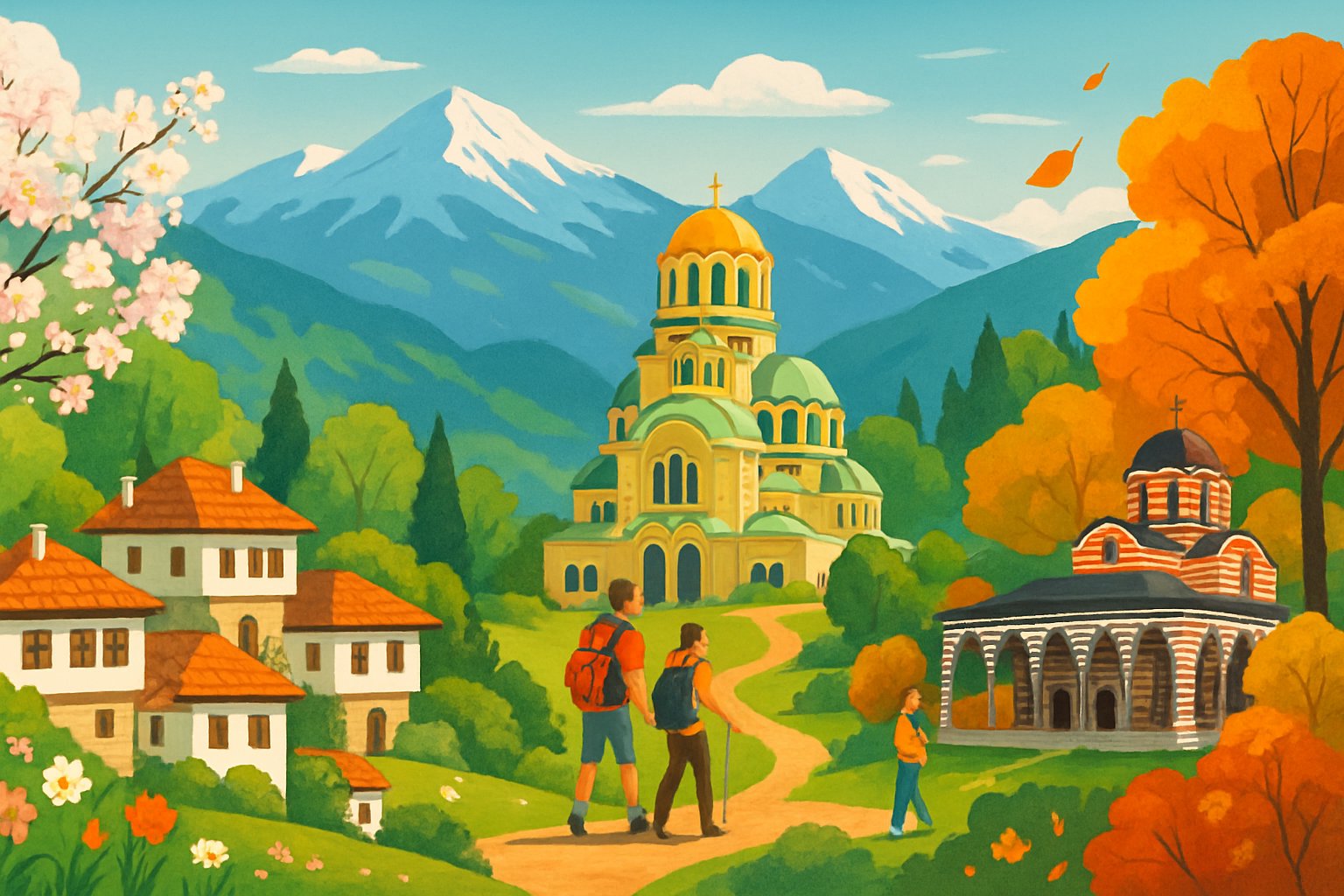 A scenic Bulgarian village with traditional houses surrounded by hills, showing spring flowers, summer sunshine with people hiking near landmarks, and autumn trees with colorful leaves against mountain backgrounds.