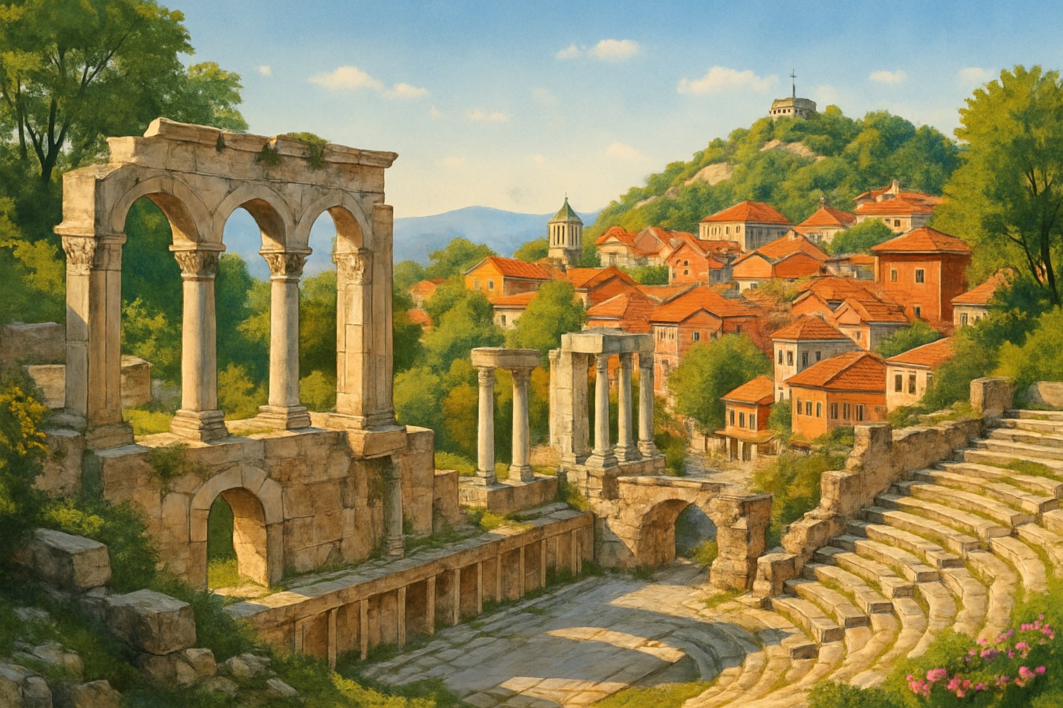 Ancient Roman ruins with stone arches and columns surrounded by greenery, overlooking a town with red roofs under a clear sky.