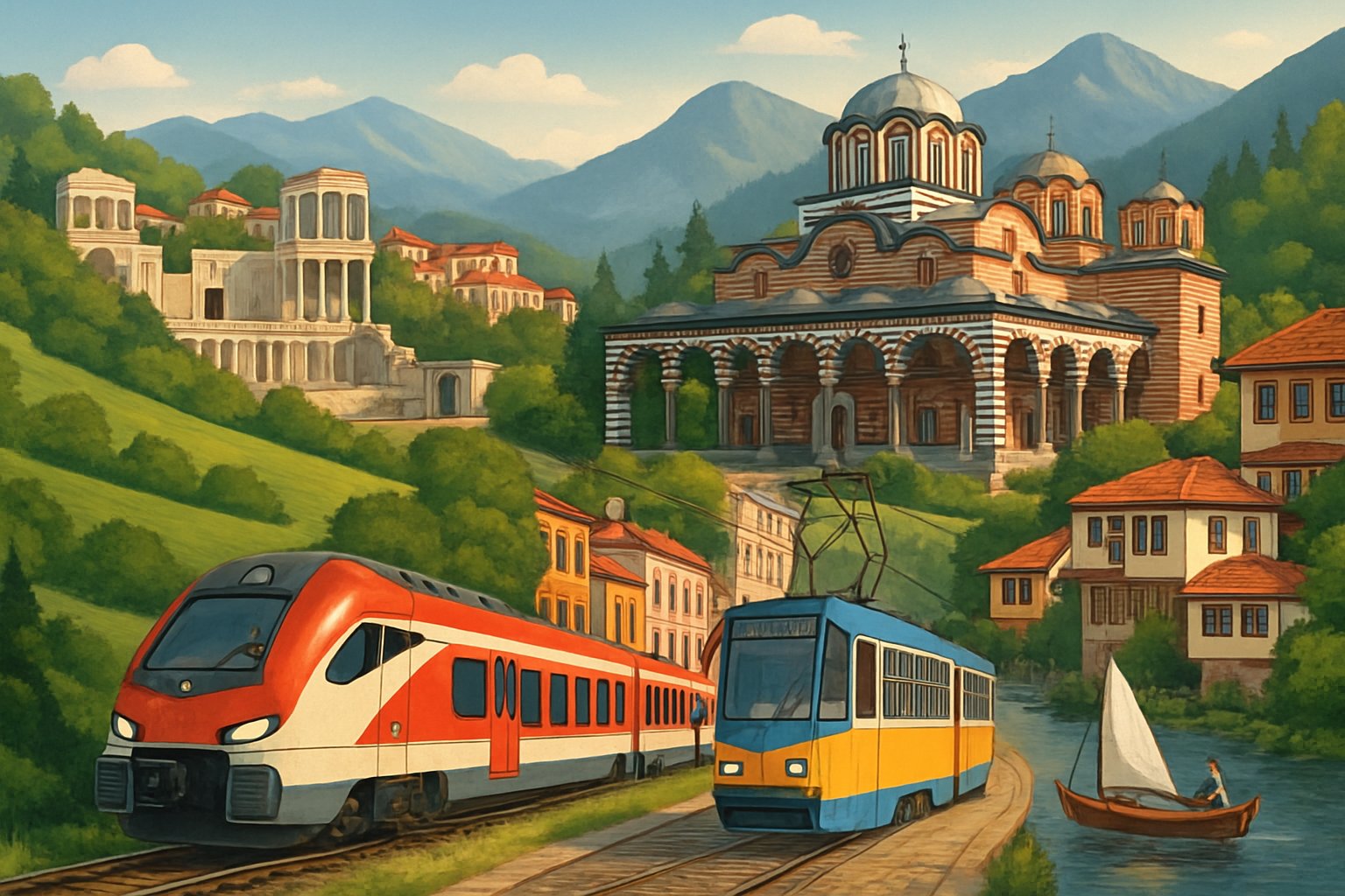 A landscape showing trains, a tram, and a boat traveling near Bulgarian landmarks including mountains, historic buildings, and a monastery.