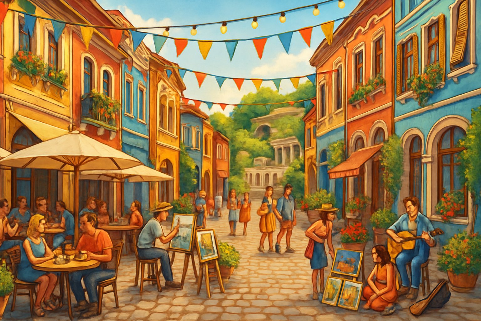 A lively street scene in the Kapana District of Plovdiv, Bulgaria, showing colorful buildings, outdoor cafes, street artists, and the ancient Roman Theatre in the background.