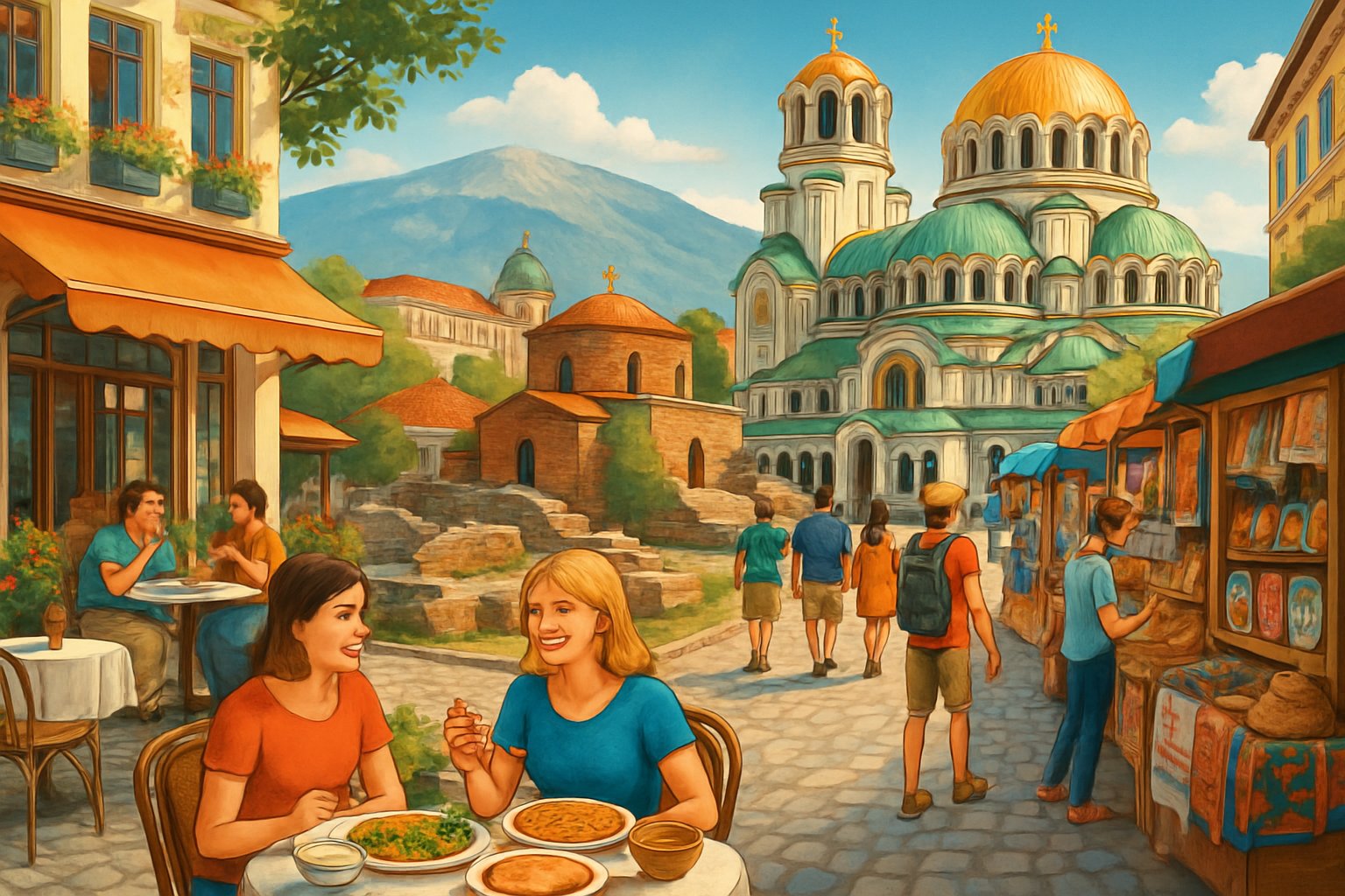 A cityscape of Sofia, Bulgaria, showing Alexander Nevsky Cathedral, ancient ruins, mountain backdrop, street cafes, and market stalls with people enjoying the scene.