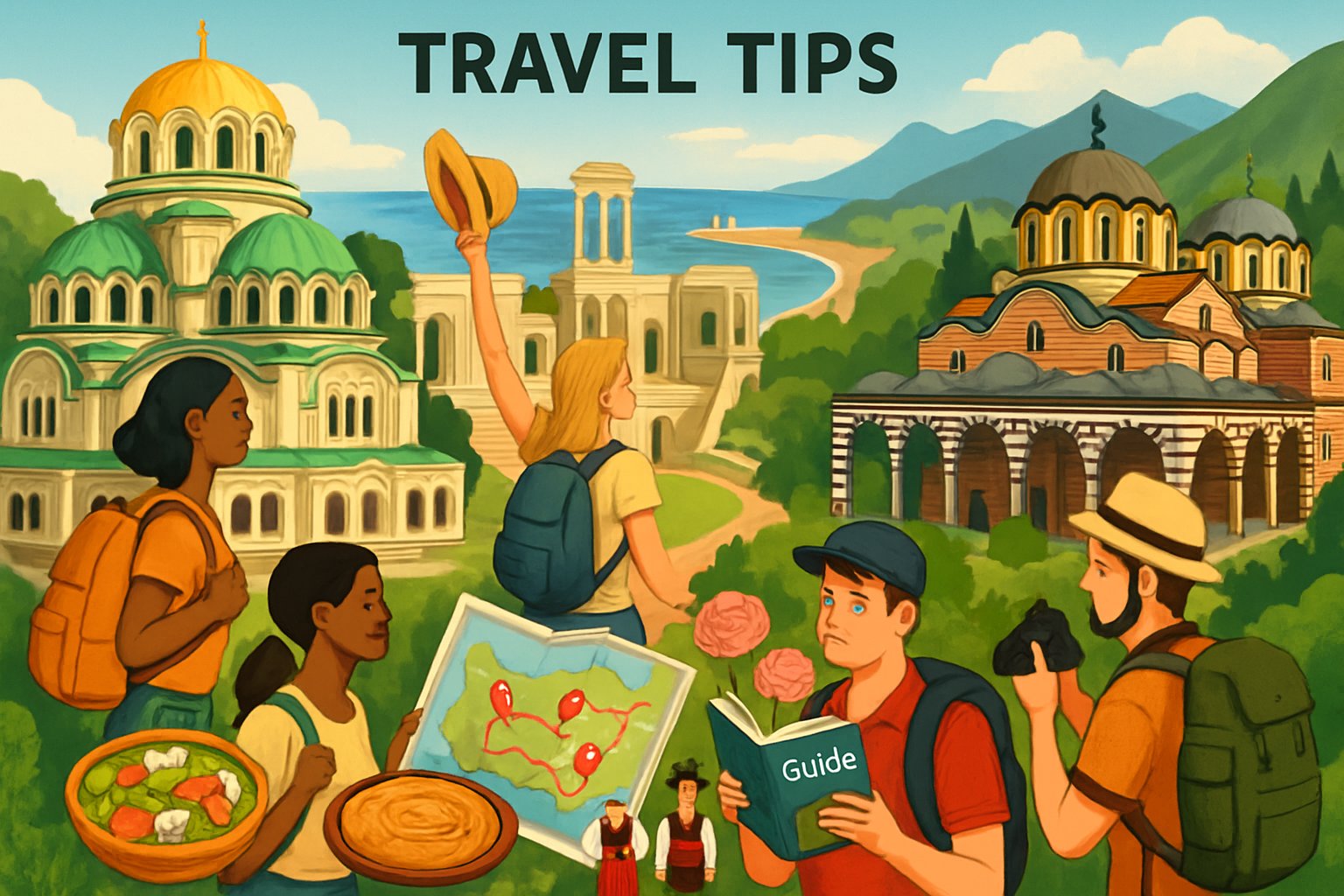 Travelers exploring famous Bulgarian landmarks and cultural elements including a cathedral, ancient theater, monastery, traditional food, and natural landscapes.