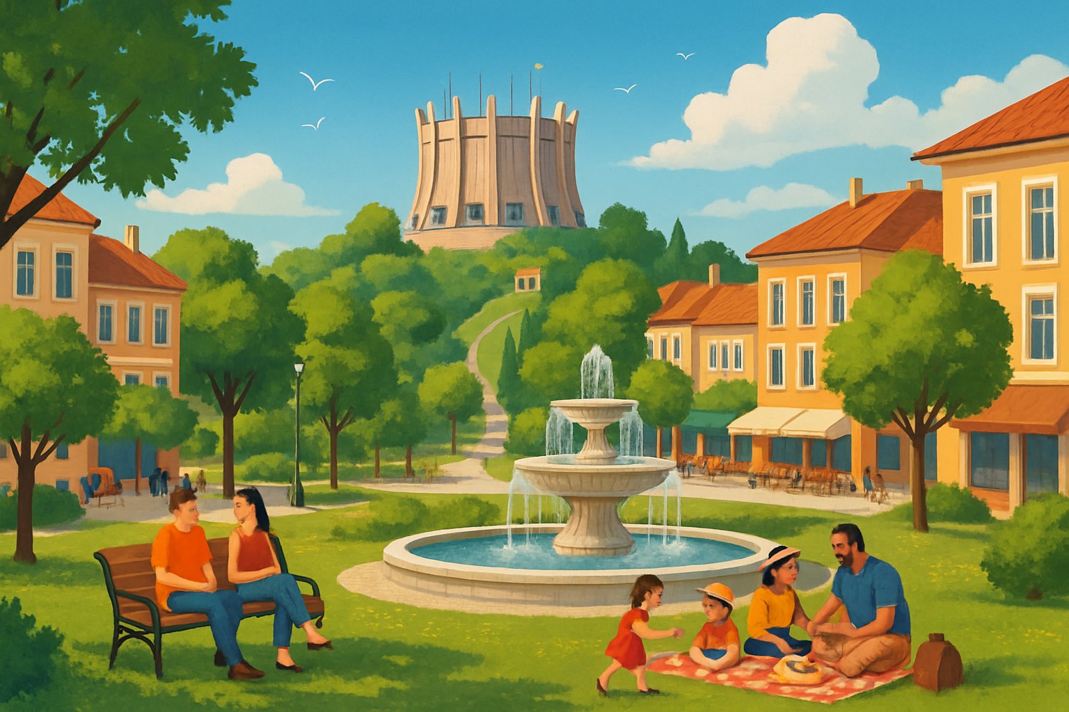 A sunny park scene in Pleven, Bulgaria with people relaxing, children playing near a fountain, and traditional buildings in the background.
