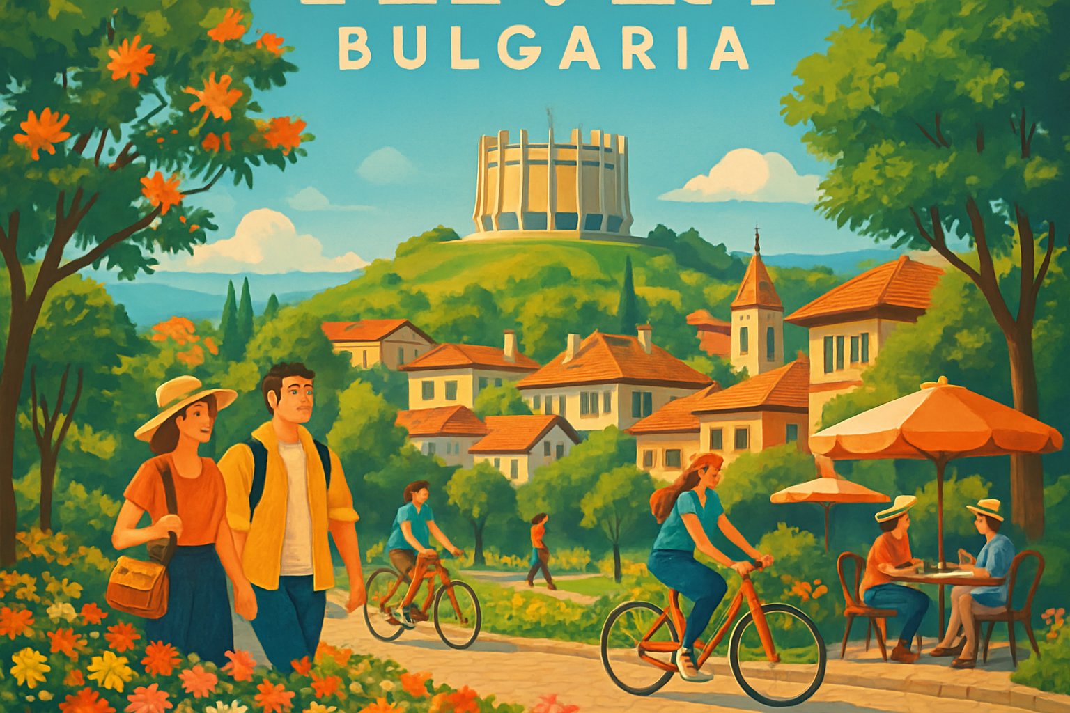 A scenic view of Pleven, Bulgaria with green parks, historic buildings, tourists enjoying outdoor activities, and a clear blue sky.