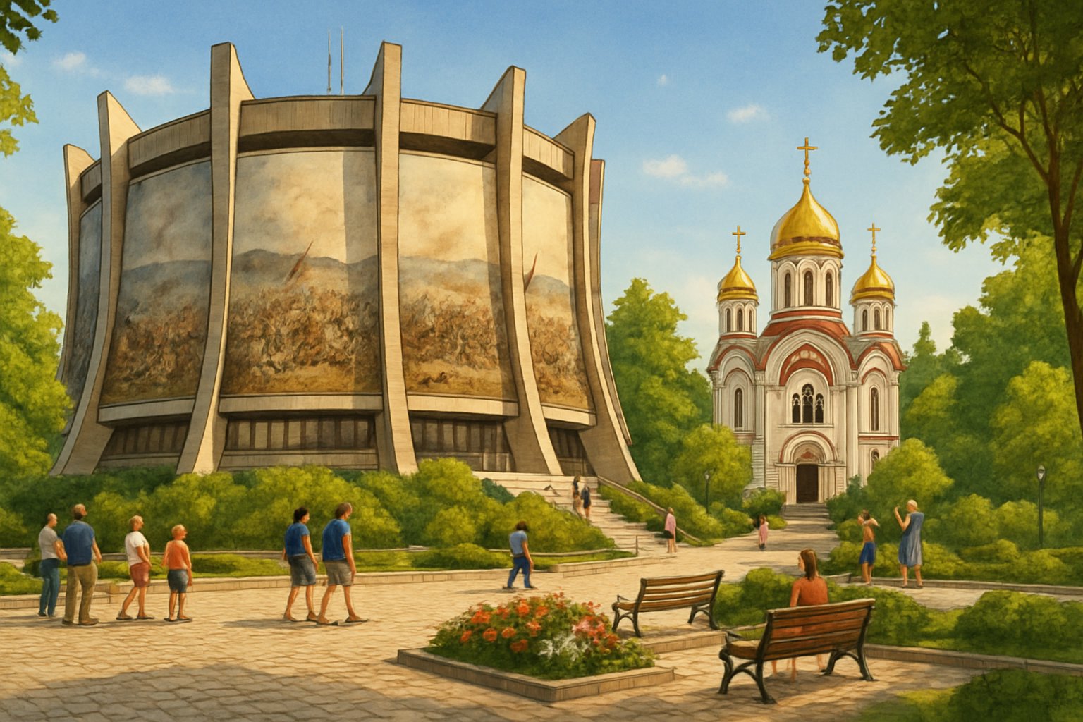 A scenic view of Pleven, Bulgaria, featuring the Pleven Panorama building, St. George the Conqueror Chapel, trees, and tourists in a sunny outdoor setting.