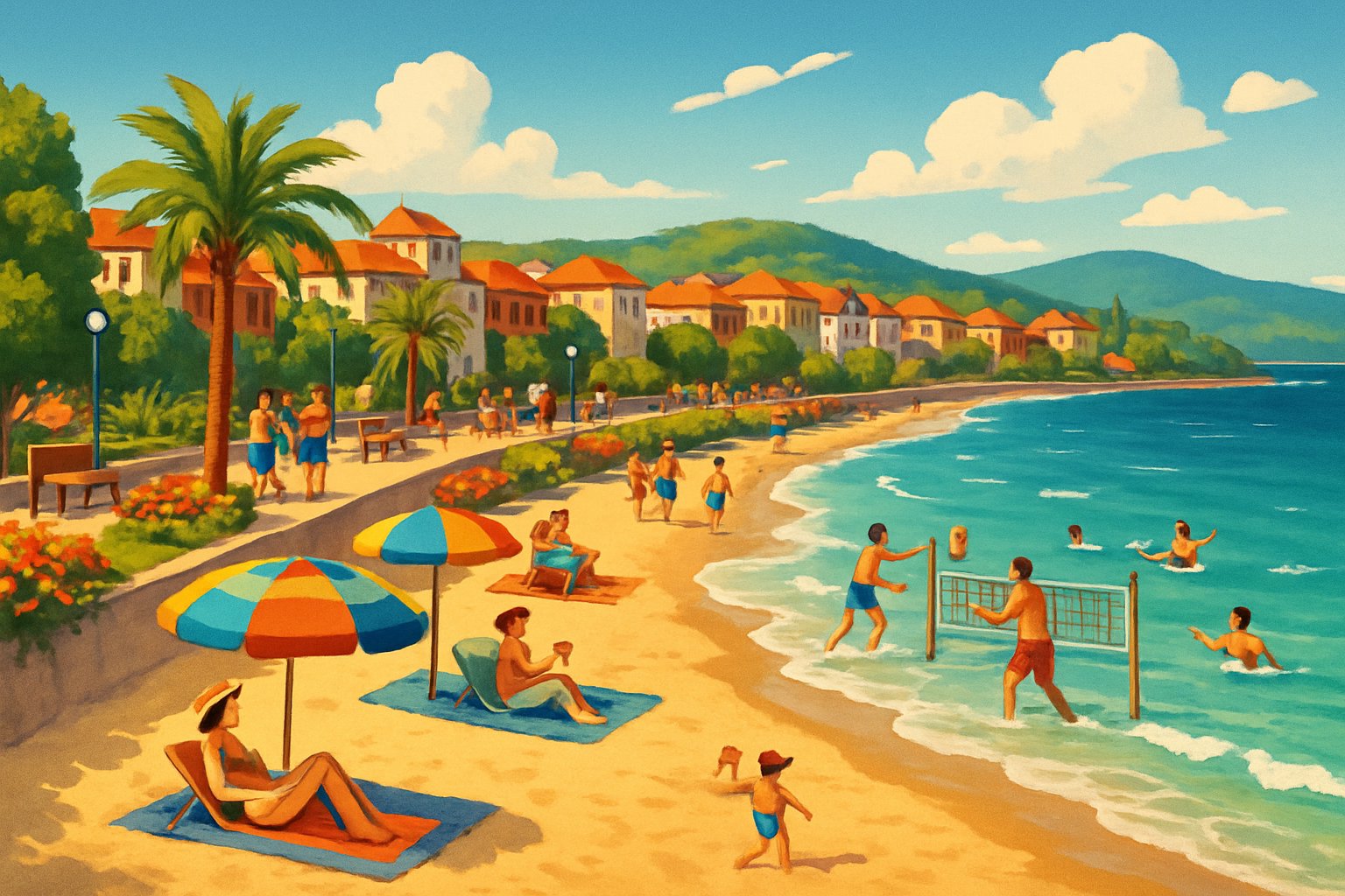 A sunny beach in Burgas, Bulgaria, with people enjoying the sand, sea, and a palm-lined promenade near colorful buildings and green hills.