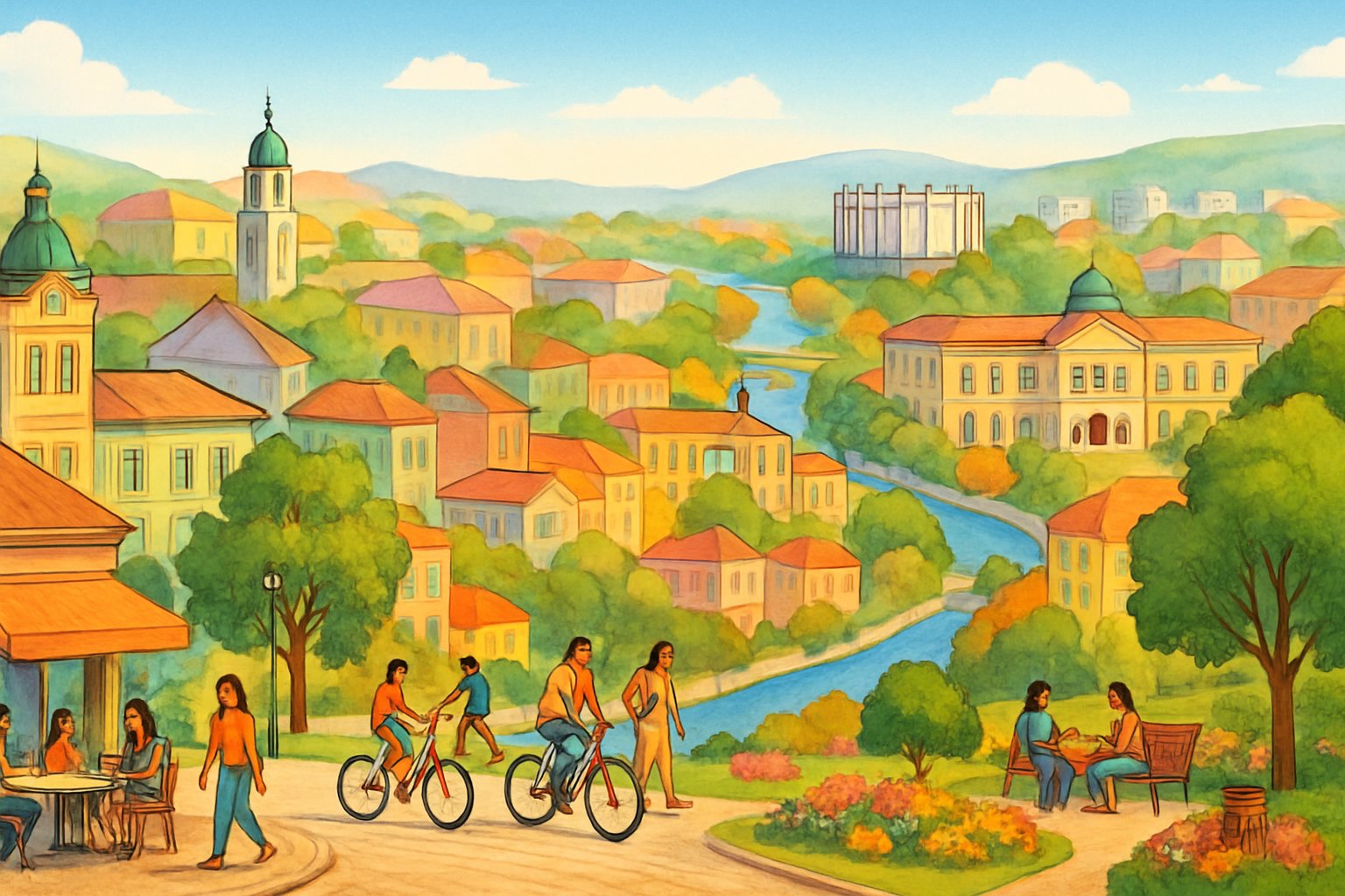 A vibrant cityscape of Pleven, Bulgaria, showing a mix of historic buildings, green parks, and people enjoying outdoor activities under clear skies.