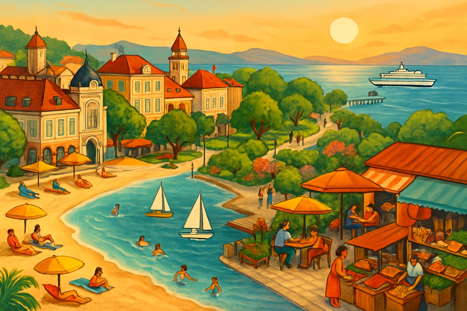 A coastal city with sandy beaches, people enjoying the water and outdoor cafes, historic buildings, green parks, and boats in the harbor at sunset.