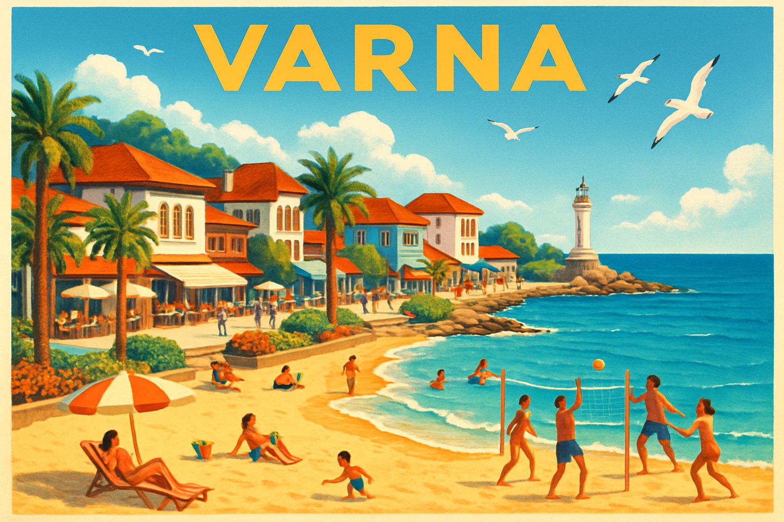 A sunny beach scene in Varna, Bulgaria with people enjoying the sand and sea, a promenade with palm trees and cafes, and a lighthouse by the water.