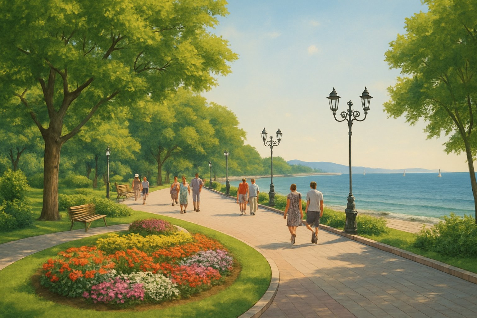 People walking along a tree-lined path near the calm sea with flowers and benches in a seaside park.
