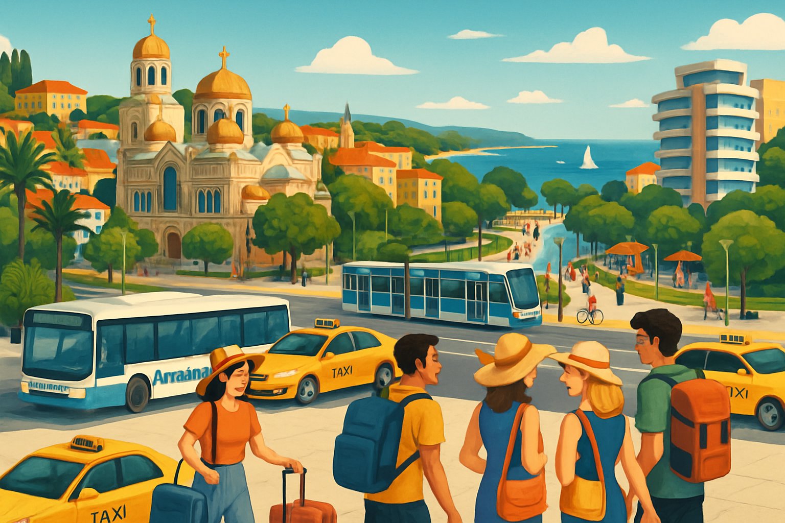 Travelers arriving and exploring the coastal city of Varna, Bulgaria, with landmarks, transportation options, and seaside scenery.