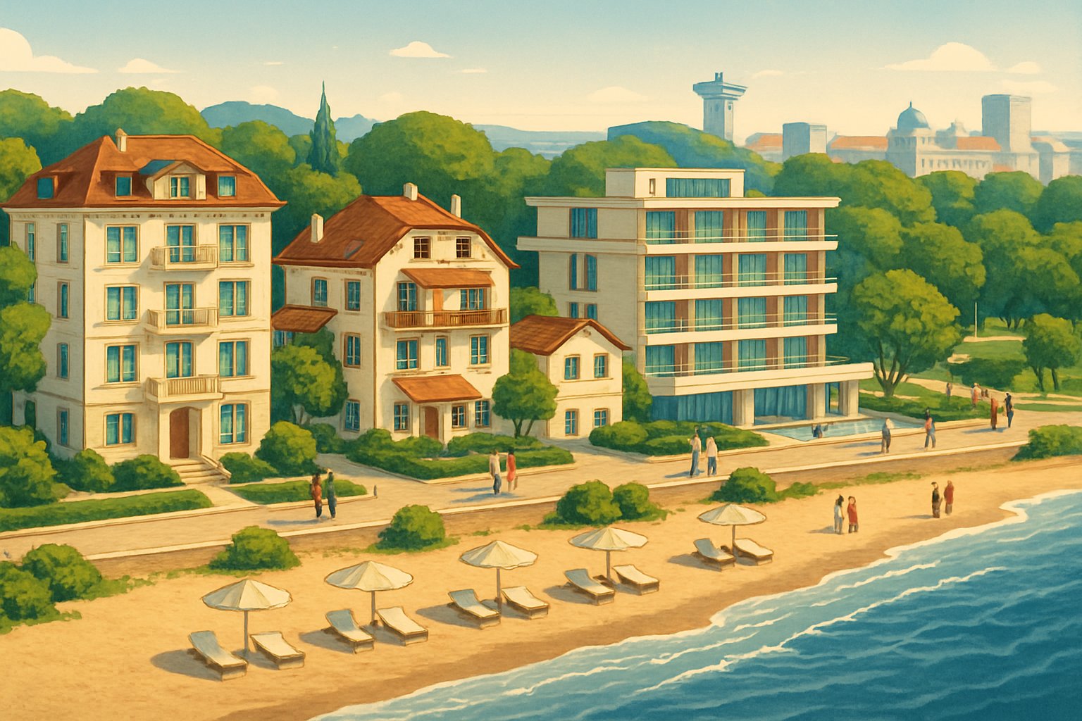 Coastal town in Burgas, Bulgaria with hotels, beach, promenade, and people enjoying a sunny day by the sea.