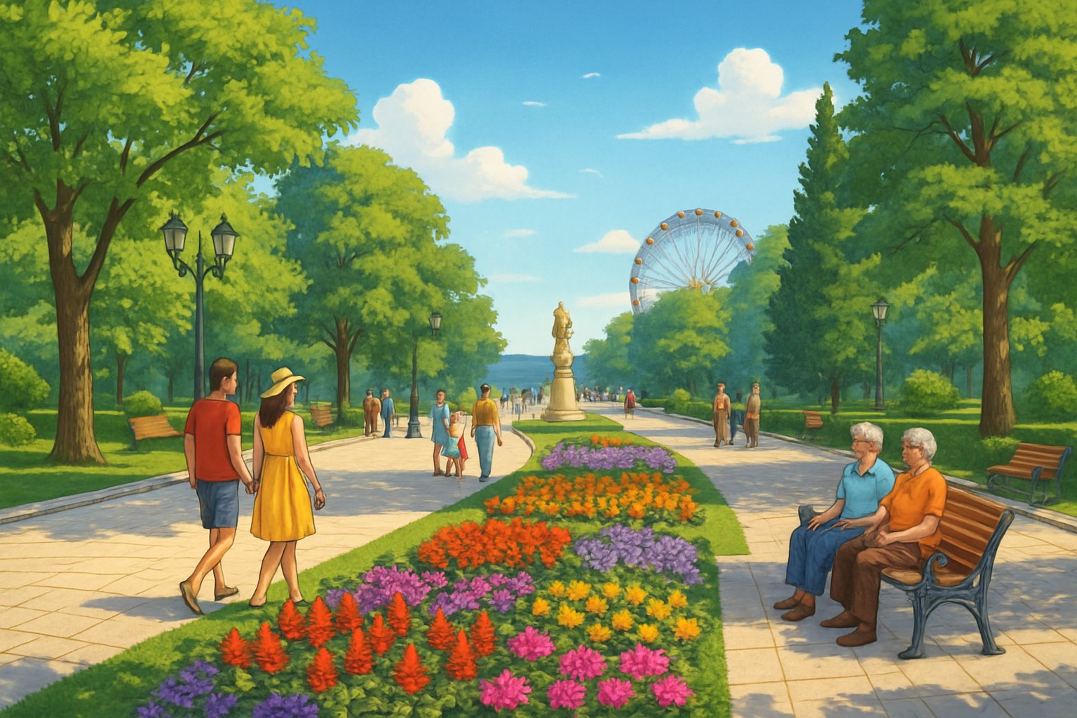 People walking and relaxing in a green park with trees and flowers near the sea under a clear sky.