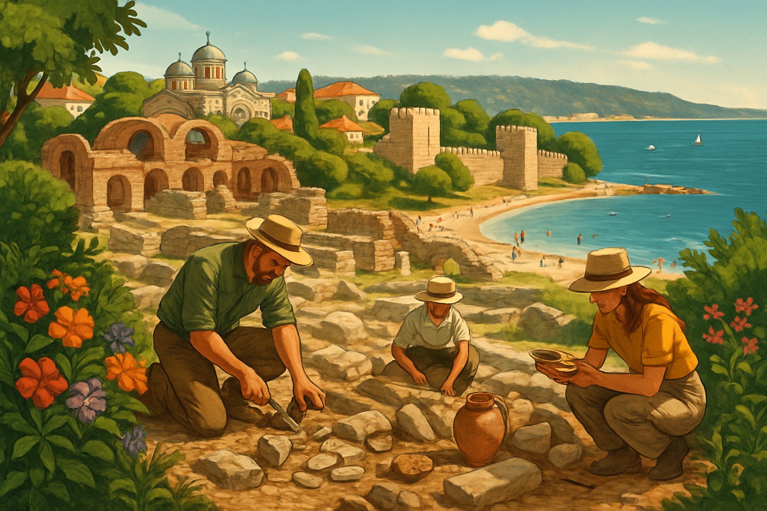 Archaeologists excavating ancient ruins near the coast of Varna, Bulgaria, with historic buildings and the sea in the background.