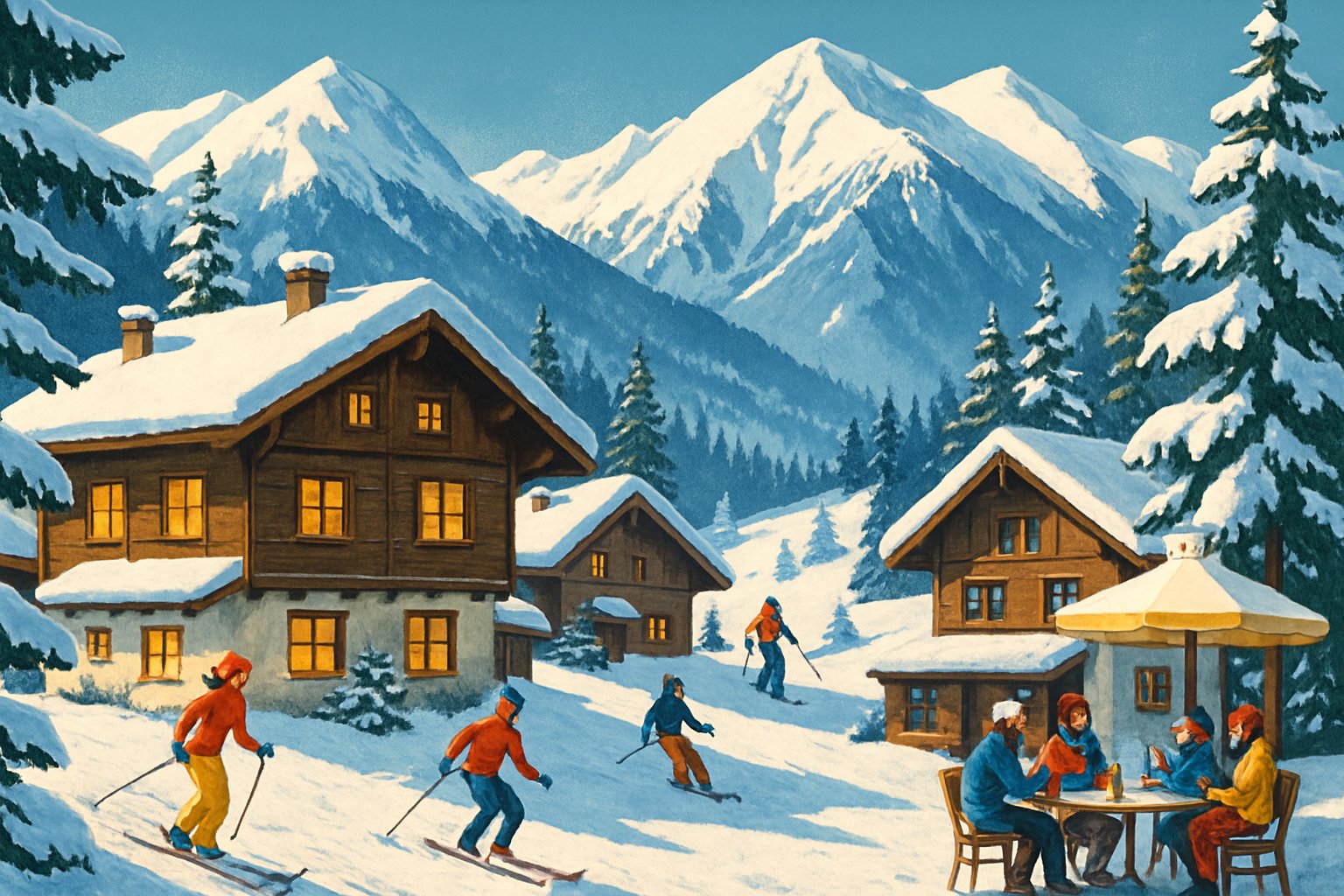 Snow-covered mountain village with wooden chalets, people skiing and enjoying an outdoor café, surrounded by snowy pine trees and mountain peaks.