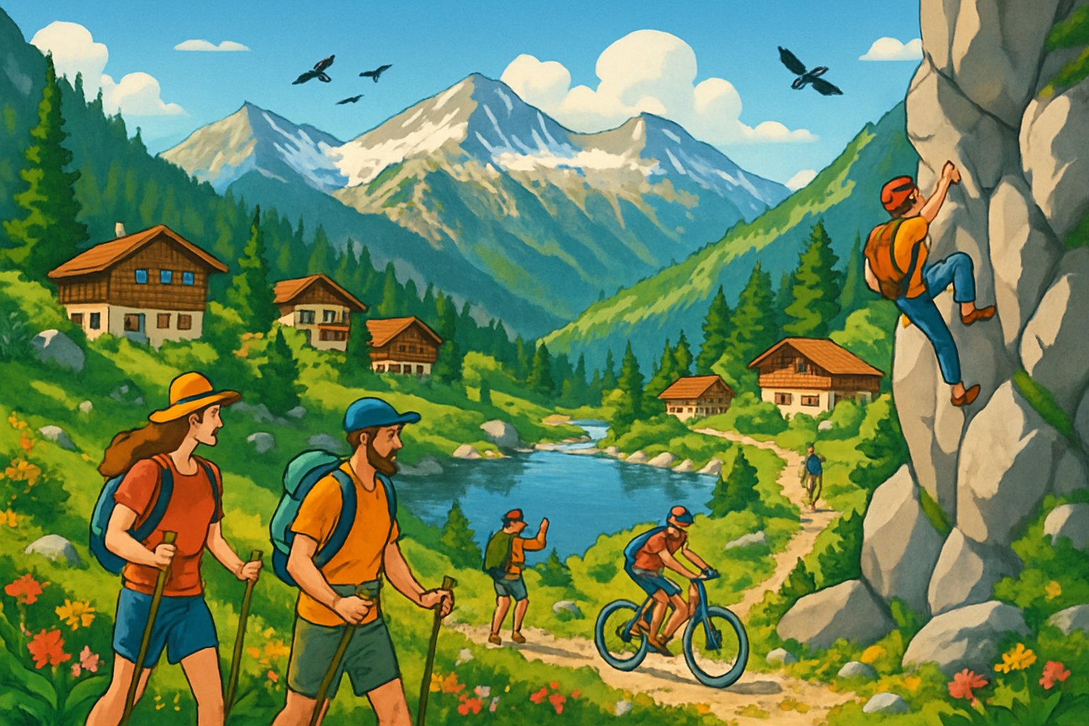 People hiking, biking, and climbing in the green Pirin Mountains near a clear lake with wooden chalets and mountain peaks in the background on a sunny summer day.