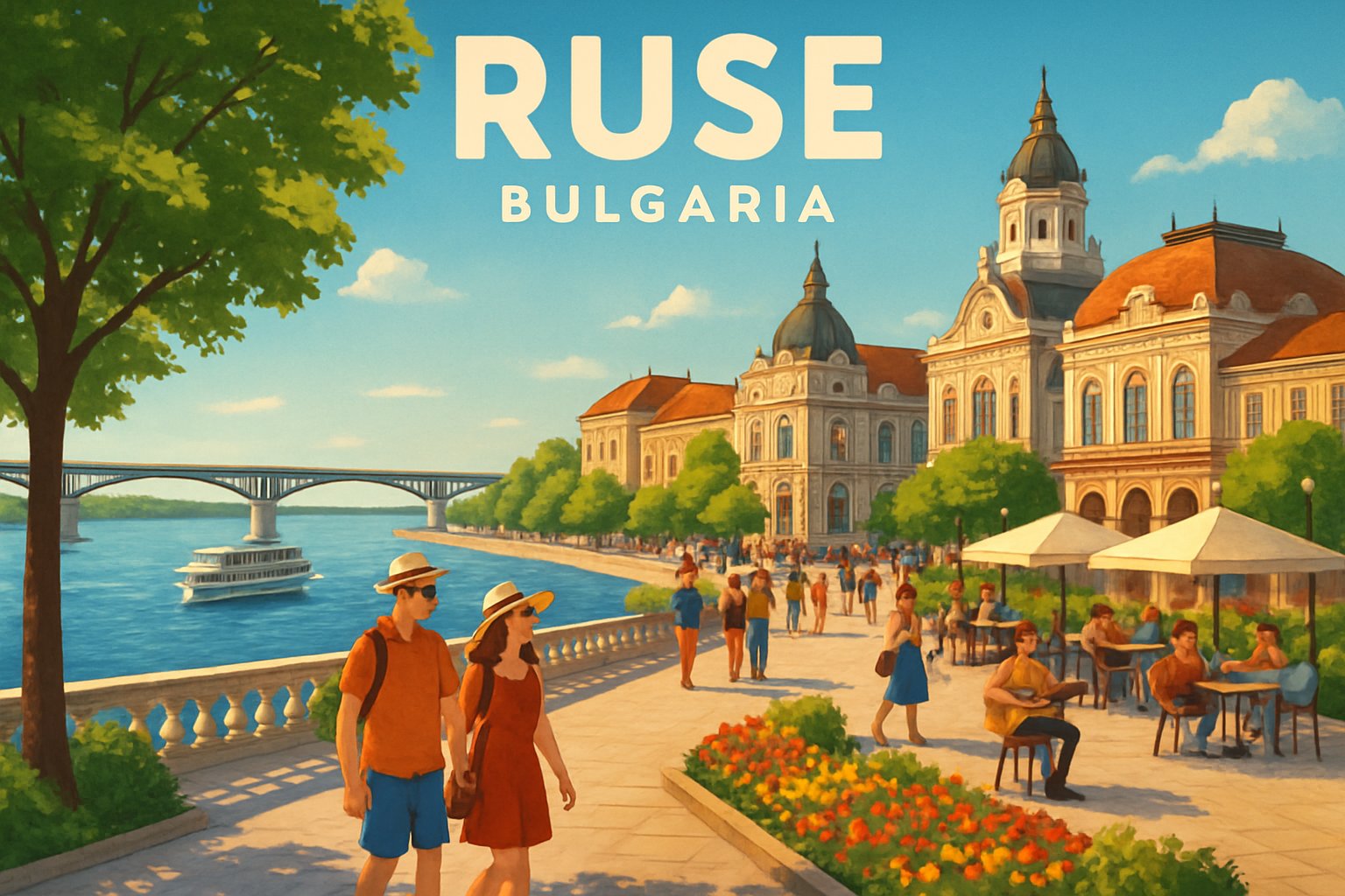 A riverside promenade in Ruse, Bulgaria with people walking, historic buildings, and a bridge over the Danube River on a sunny day.