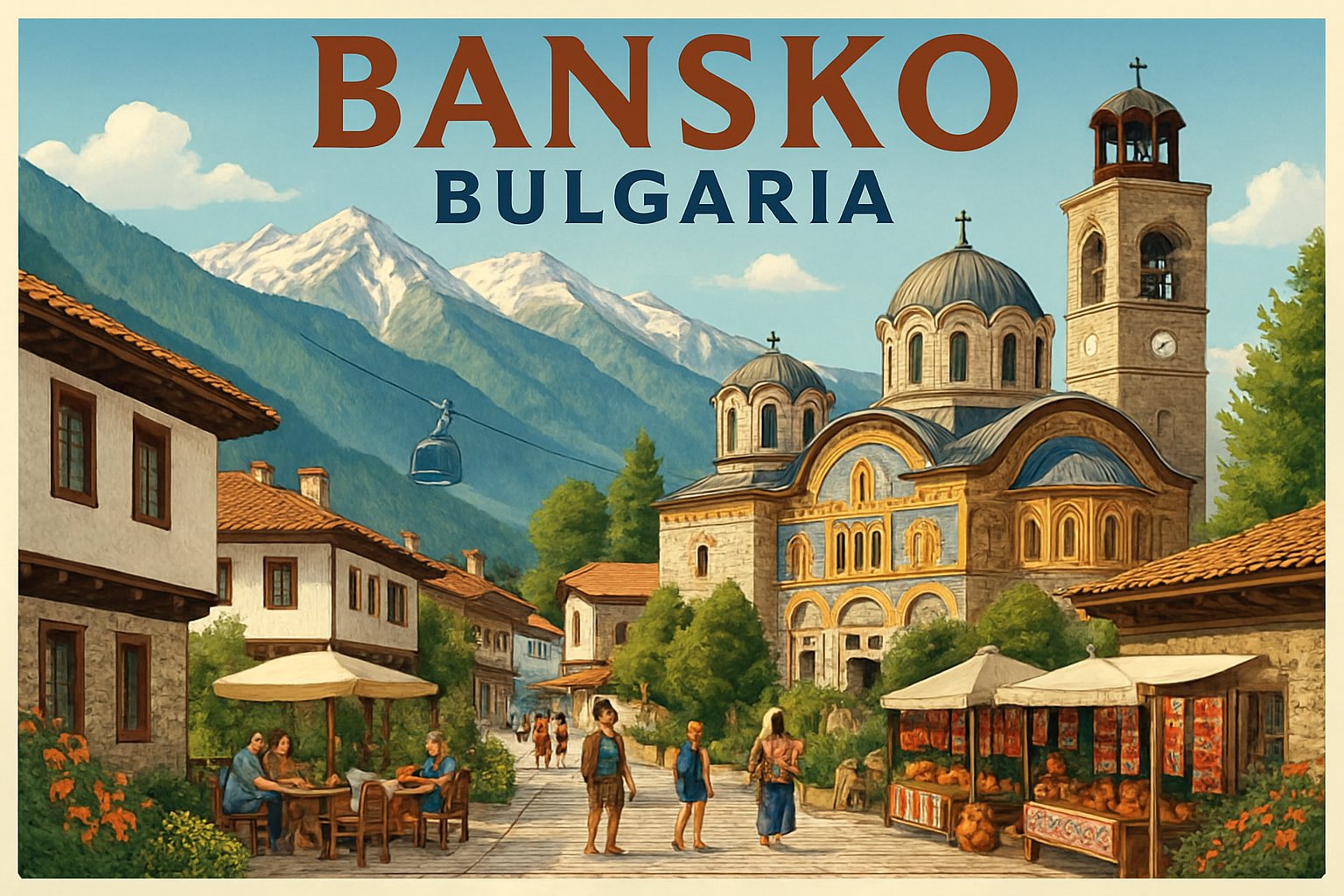 A scenic view of Bansko, Bulgaria showing mountains, traditional buildings, a church, cobblestone streets with people, and a cable car going up the mountain.