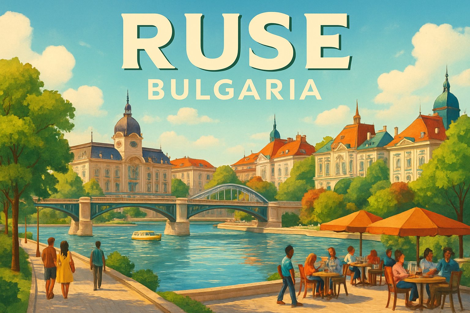 A riverside city with historic buildings, bridges, parks, and people enjoying outdoor activities along the waterfront.