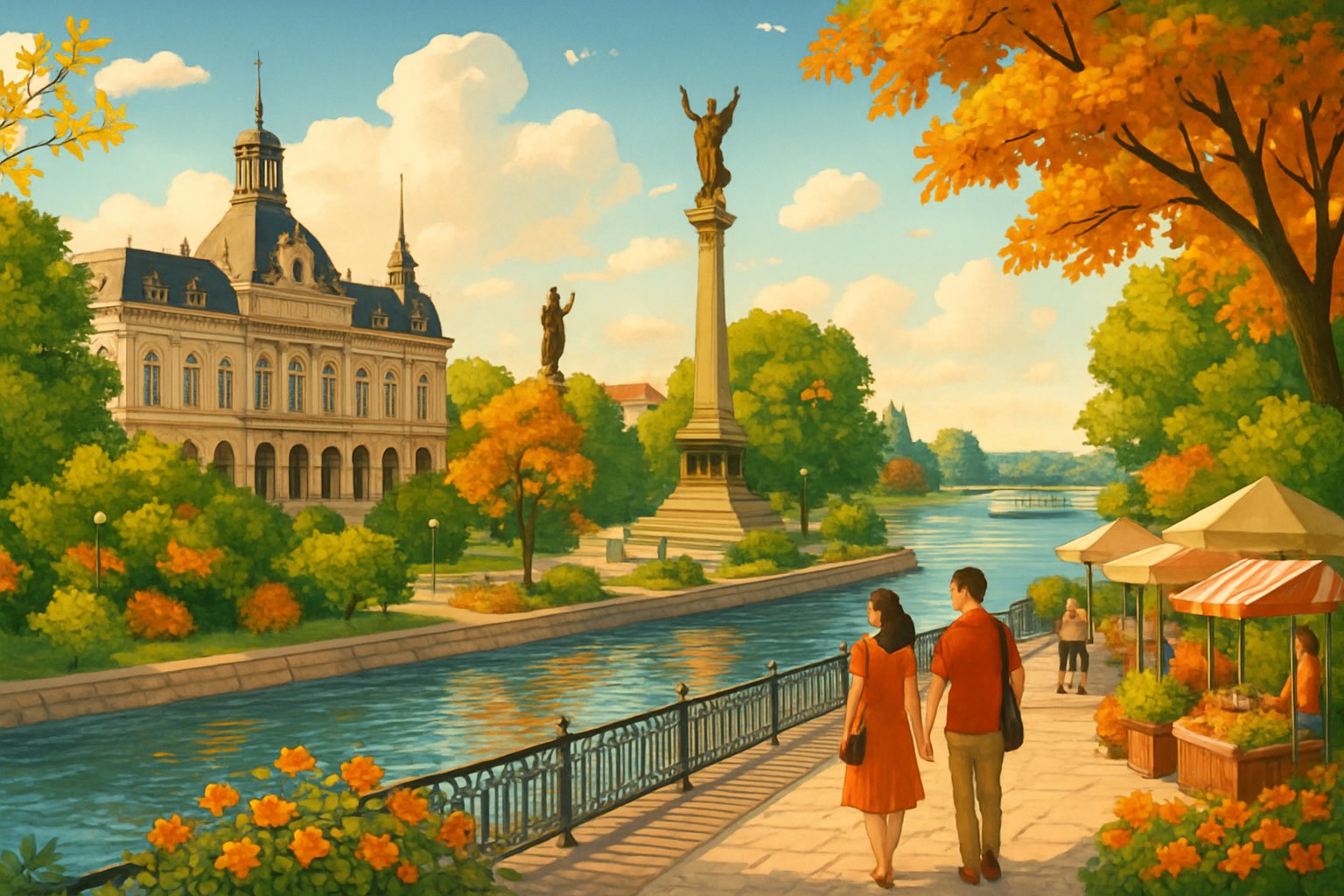 A riverside scene in Ruse, Bulgaria, showing historic buildings, trees, and people enjoying a sunny day by the river.