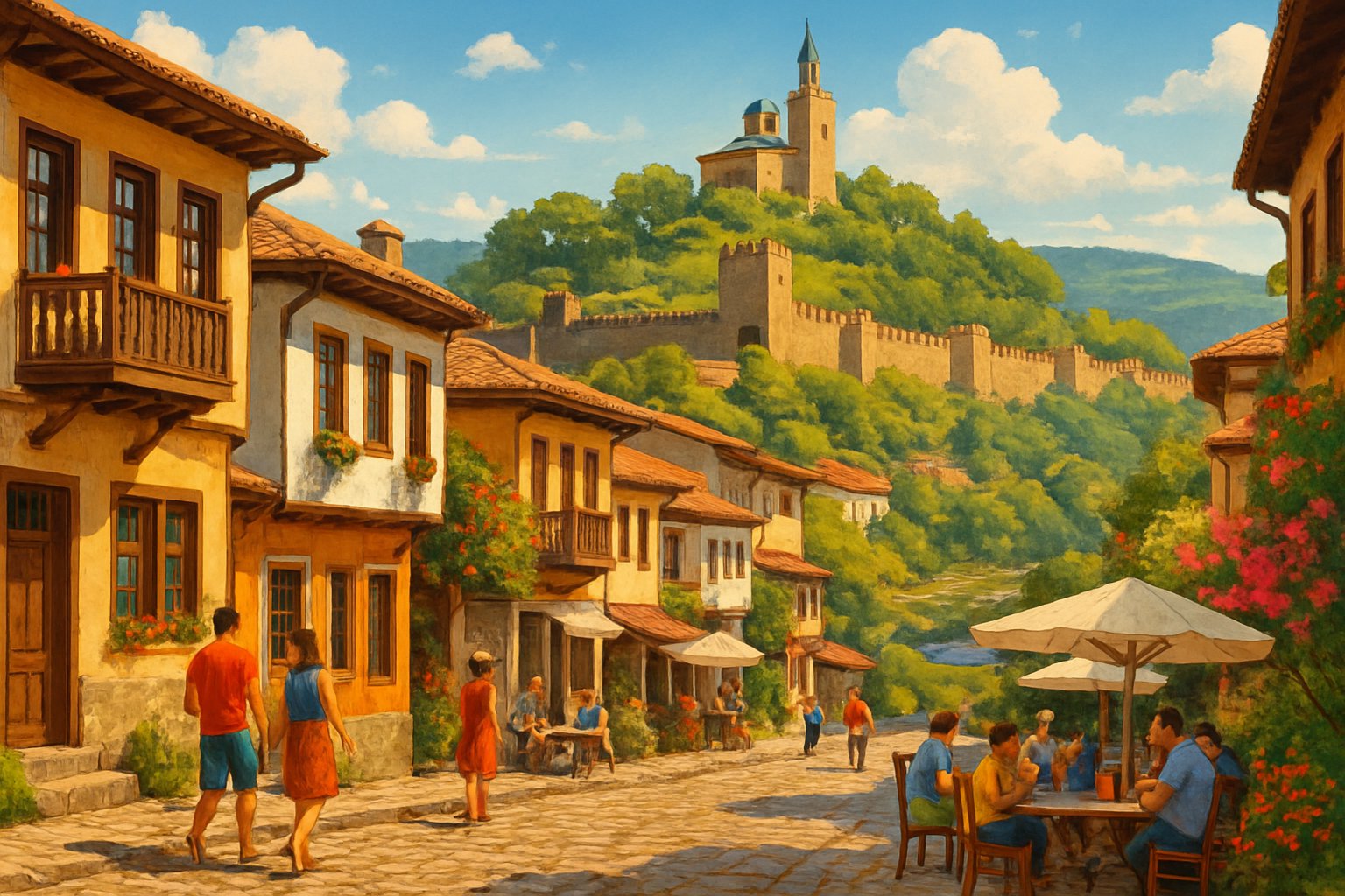 A lively street in Veliko Turnovo, Bulgaria with traditional houses, people walking and sitting at cafes, the Tsarevets Fortress on a hill, and surrounding greenery and hills under a blue sky.