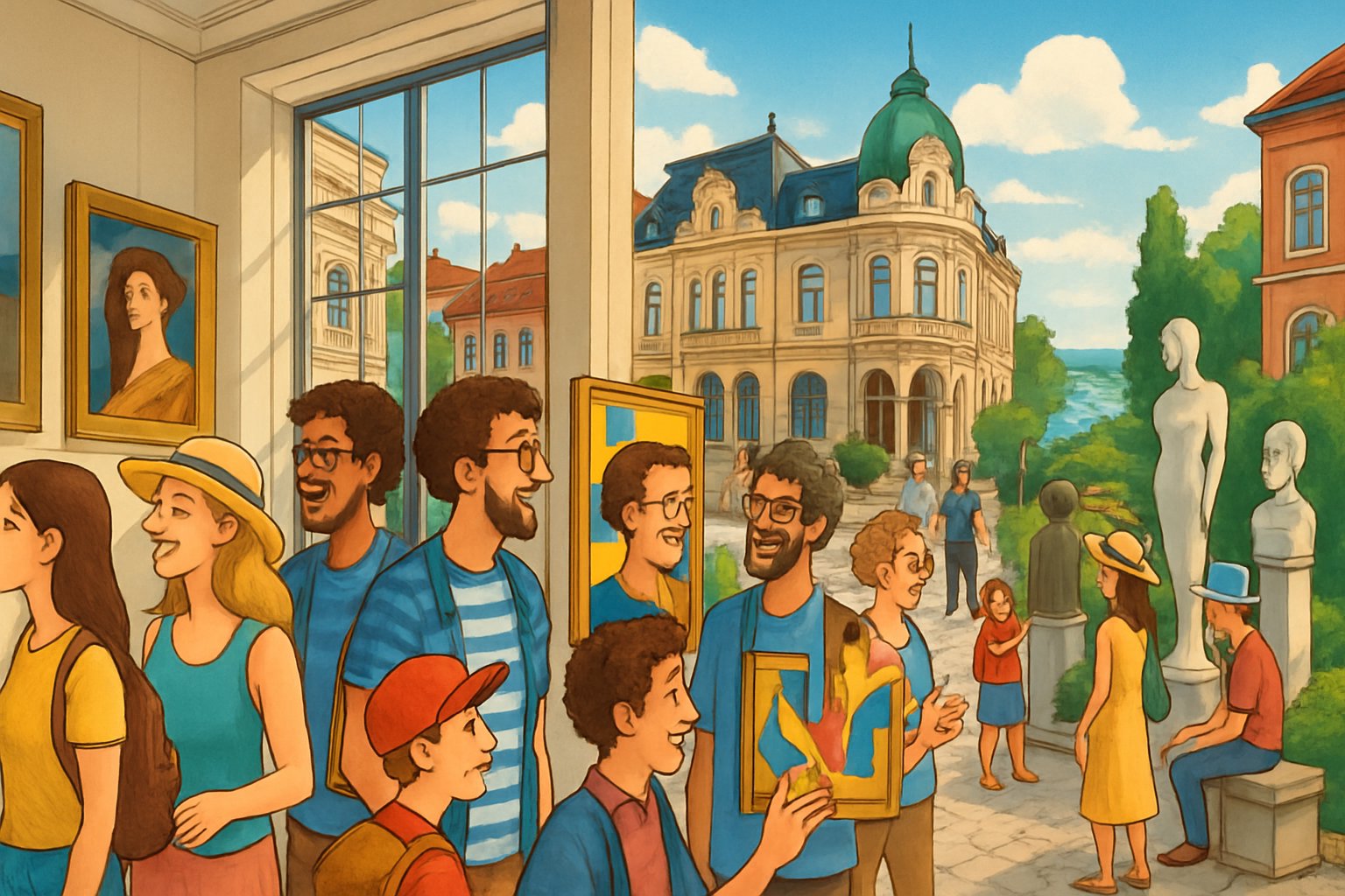 Tourists exploring museums and outdoor art galleries in a historic city with river and greenery in the background.