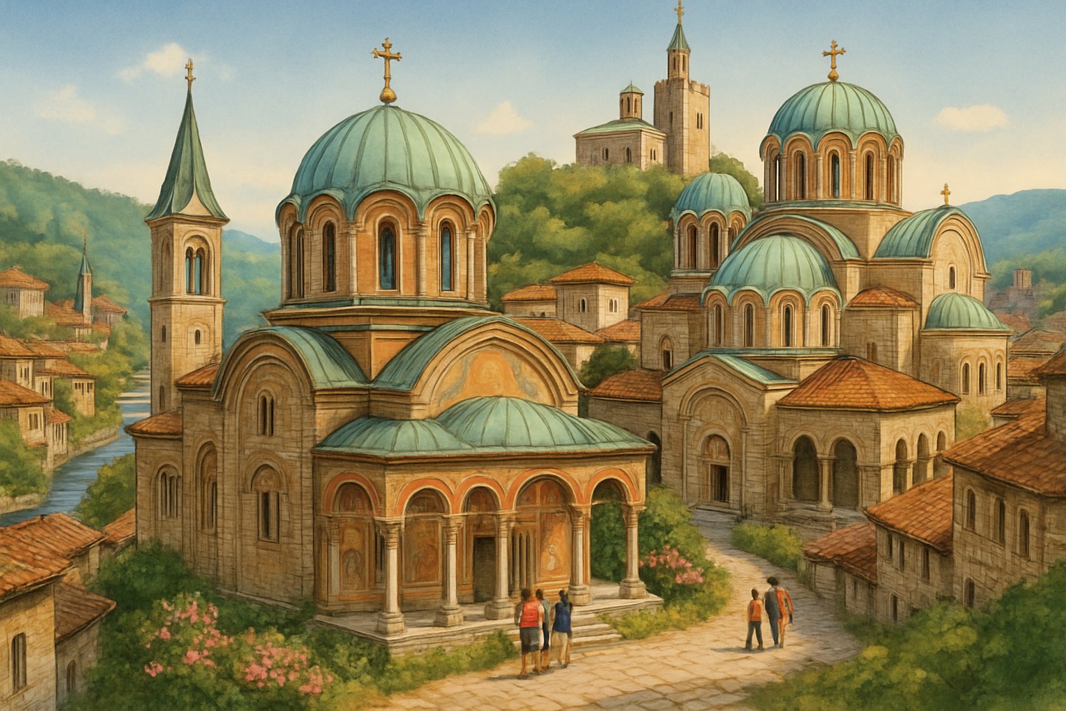 A view of Veliko Turnovo showing several historic churches and cathedrals with domes and spires, surrounded by stone buildings, greenery, and hills in the background.