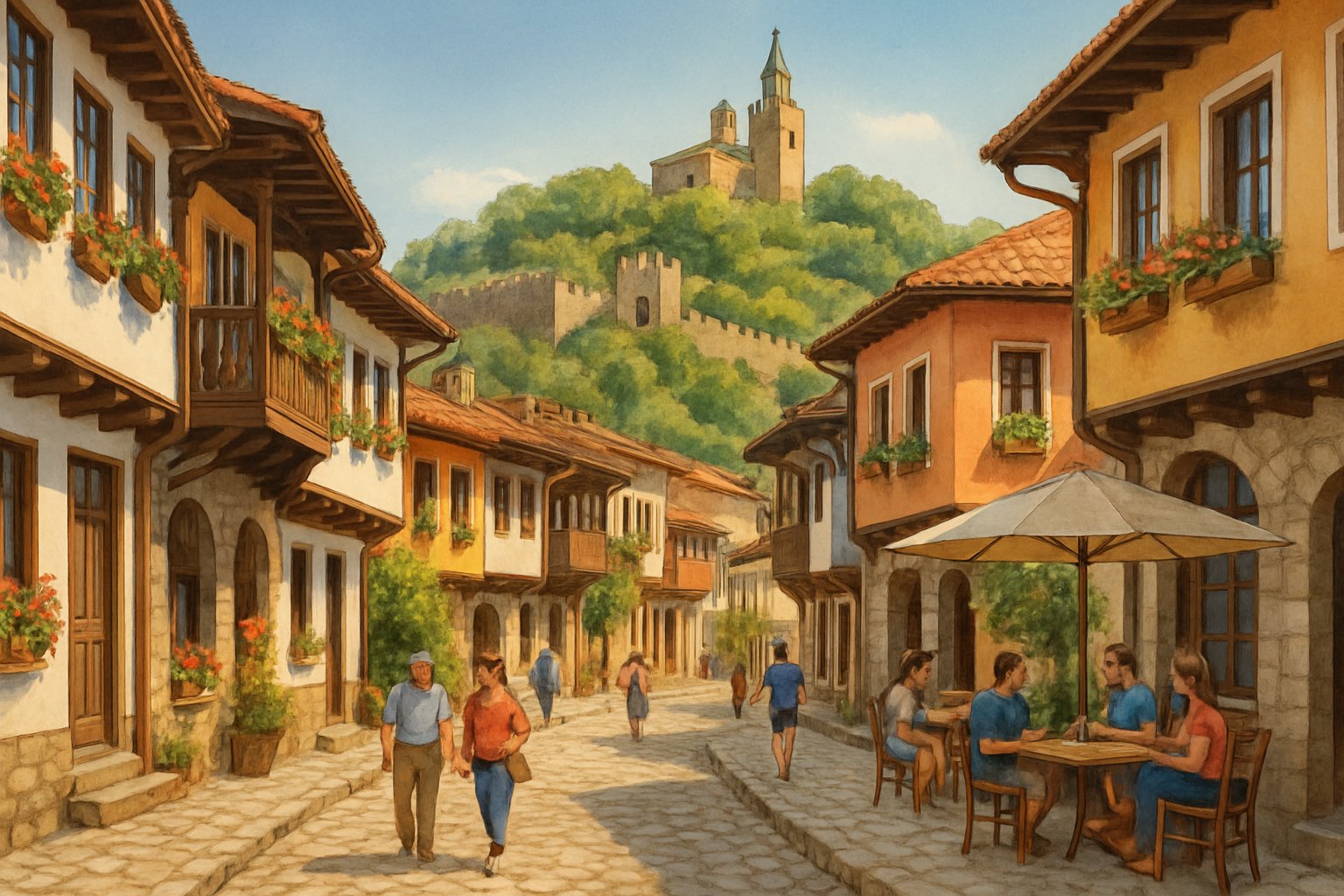 A sunlit street in Veliko Tarnovo, Bulgaria, with colorful old houses, cobblestone roads, outdoor cafes, and a fortress on a hill in the background.