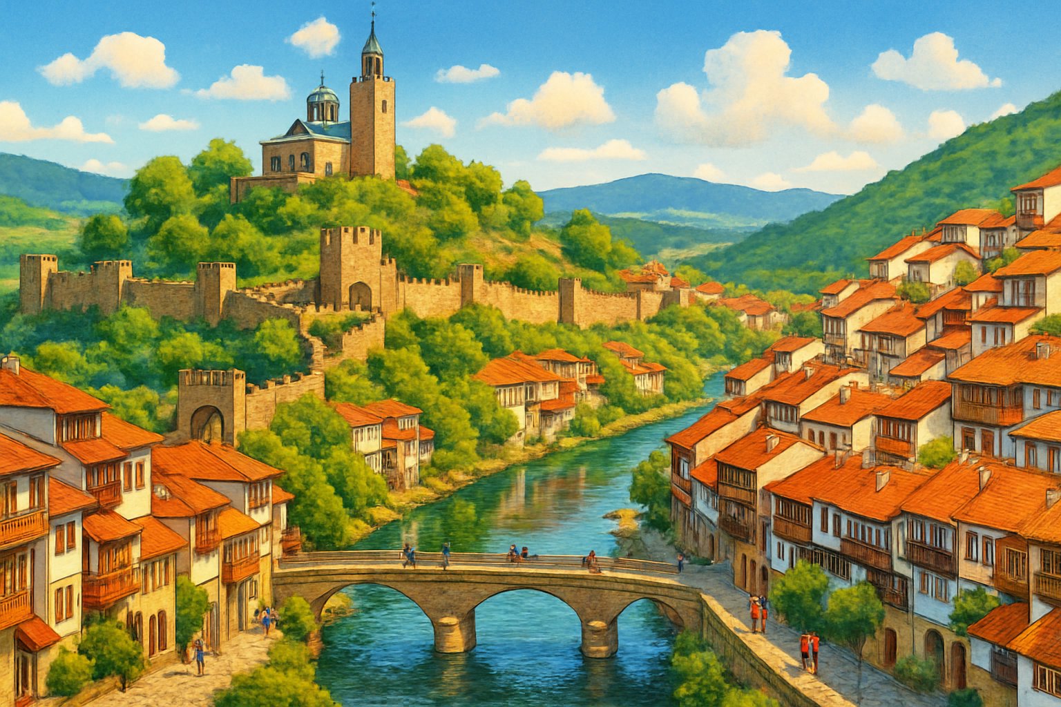 A scenic view of Veliko Turnovo with a medieval fortress on a hill, colorful houses along a river, people walking on cobblestone streets, and green hills in the background.