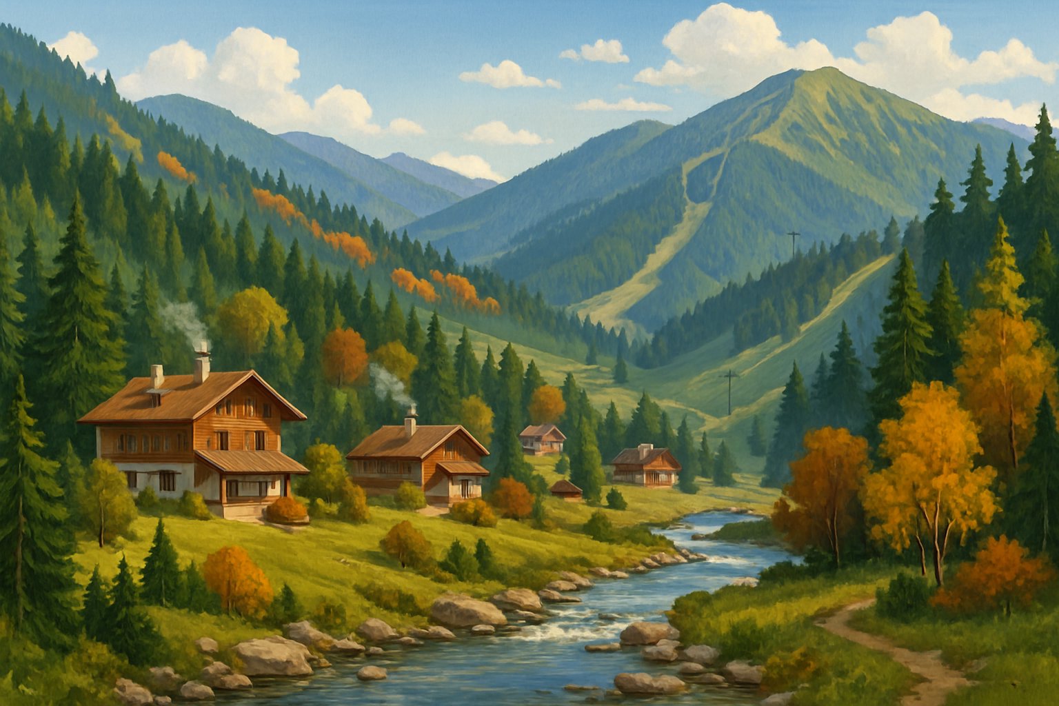 A peaceful mountain landscape with pine forests, wooden chalets, a flowing stream, and distant ski lifts under a blue sky.