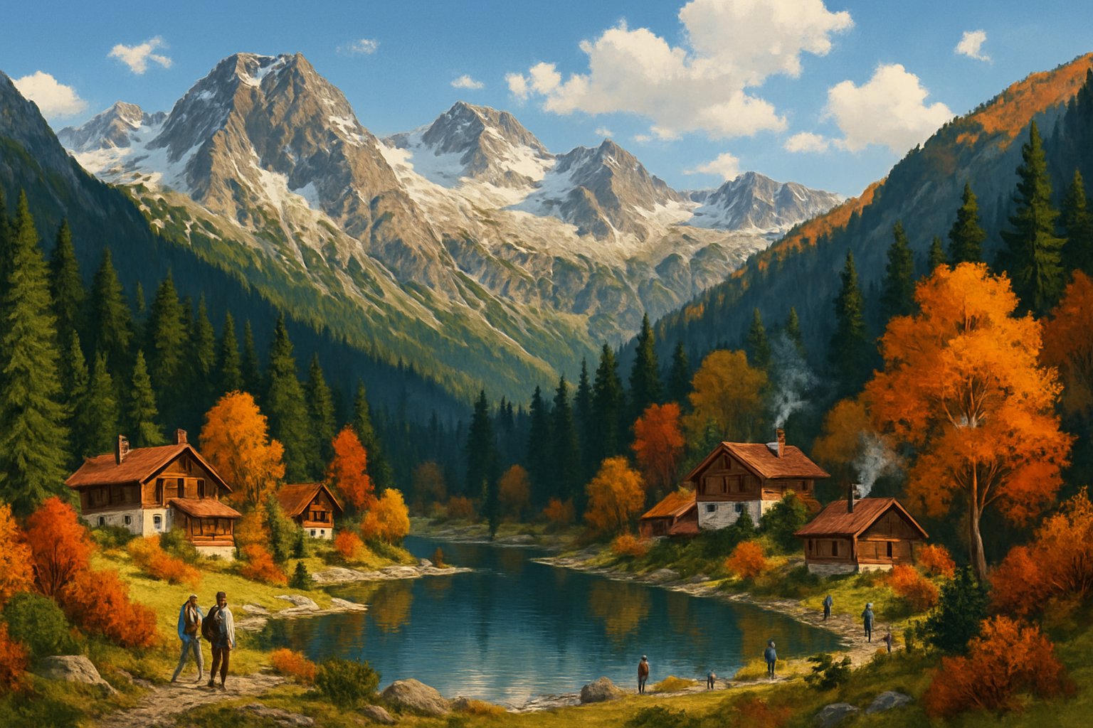 Mountain landscape with pine forests, colorful autumn trees, wooden chalets, a clear alpine lake, and hikers enjoying the scenery.