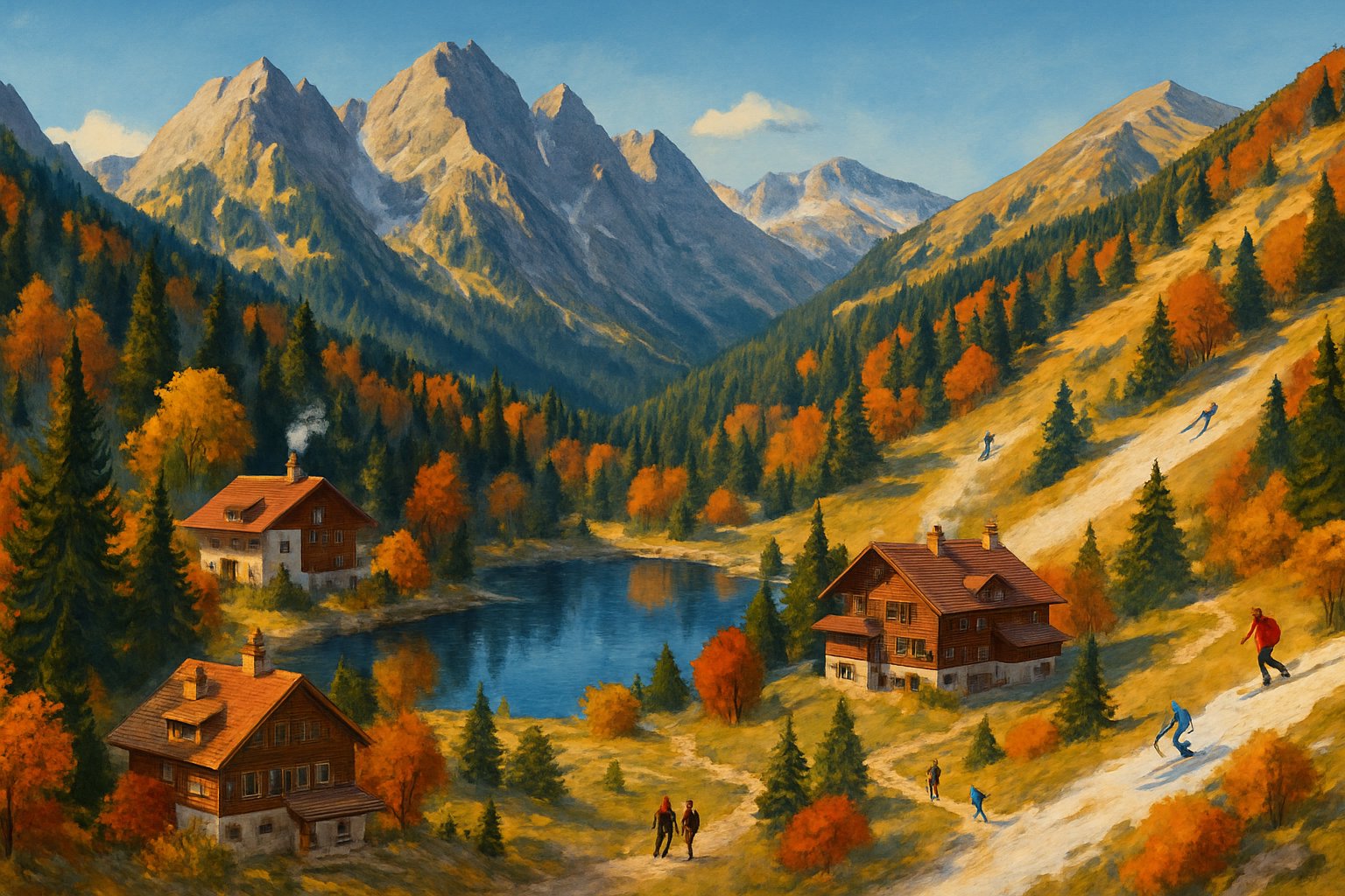 A scenic mountain valley with wooden chalets, colorful autumn trees, hikers, and a clear alpine lake surrounded by tall mountain peaks.