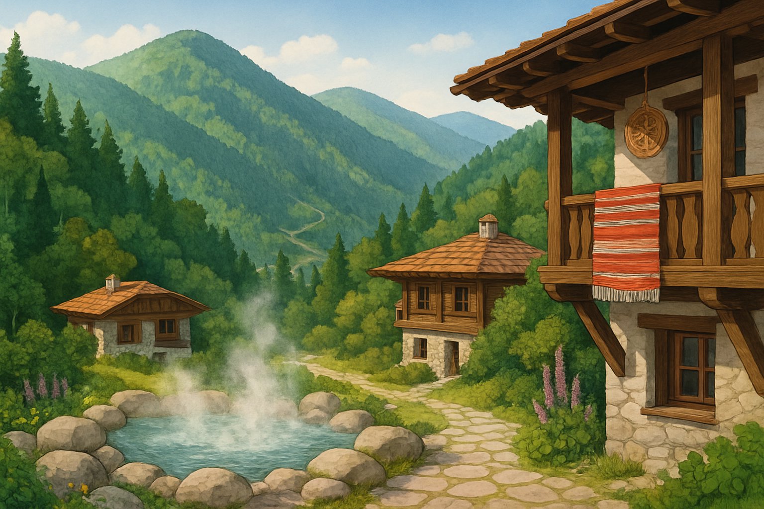 A mountain landscape with green forests, wooden chalets, a natural hot spring spa, and traditional Bulgarian decorations.