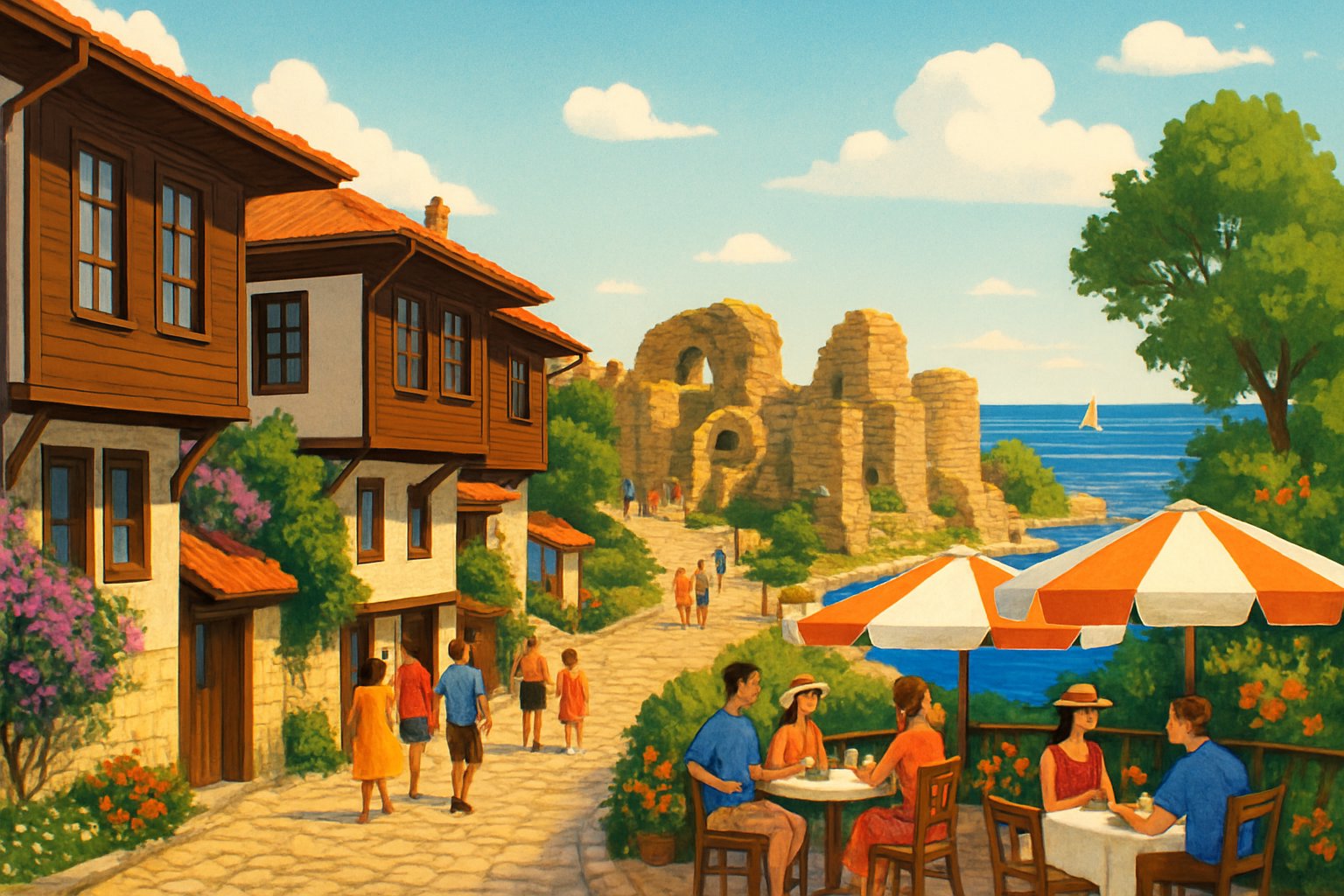 A sunny vacation scene in Nessebar, Bulgaria showing cobblestone streets, traditional houses, outdoor cafes, ancient stone walls, and the Black Sea in the background.