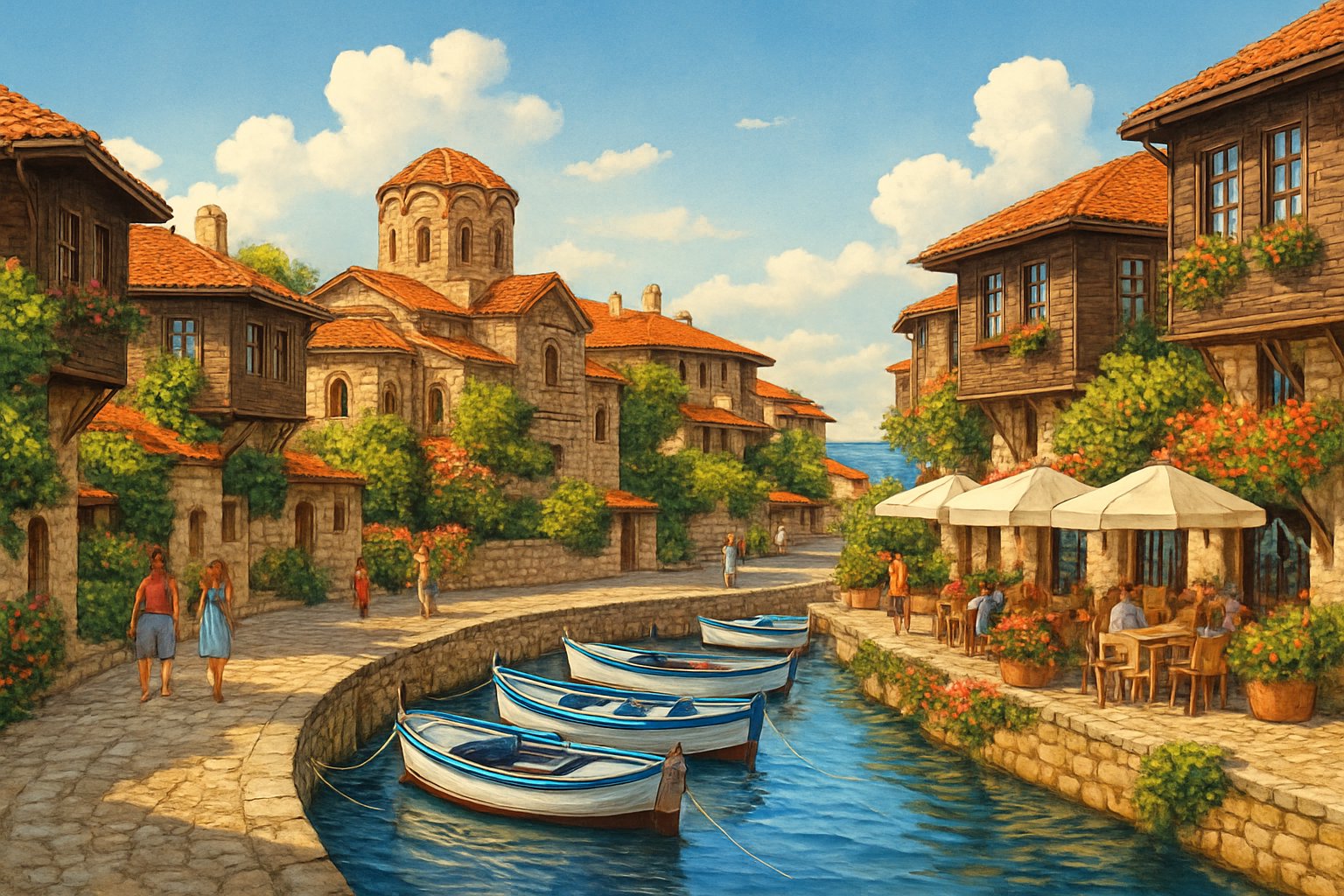 A coastal town with stone buildings, red roofs, cobblestone streets, a harbor with boats, and the calm Black Sea under a blue sky.