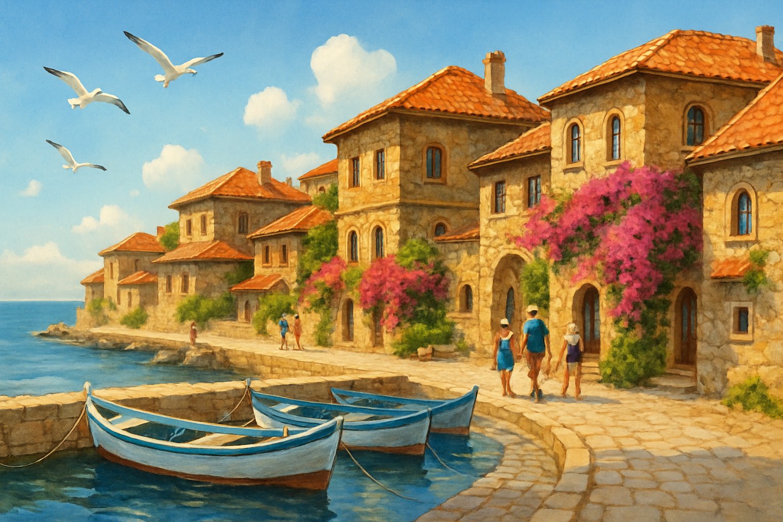 A coastal town with ancient stone buildings, cobblestone streets, fishing boats in a harbor, and the Black Sea in the background.