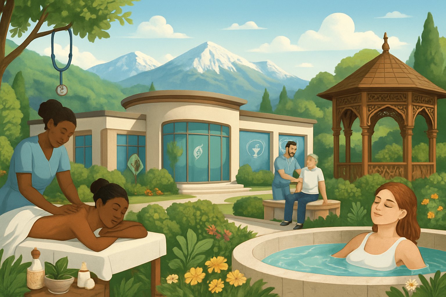 A spa resort in the Bulgarian mountains with people enjoying wellness treatments surrounded by green landscapes and traditional architecture.