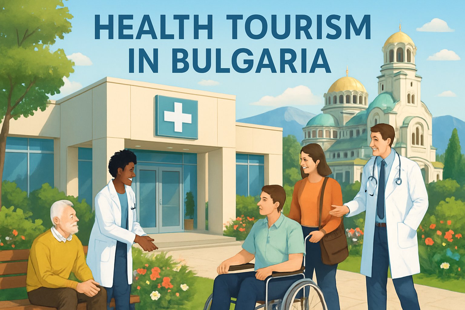 A modern medical facility surrounded by greenery with patients and healthcare professionals interacting, set against a backdrop of Bulgarian landmarks and mountains.