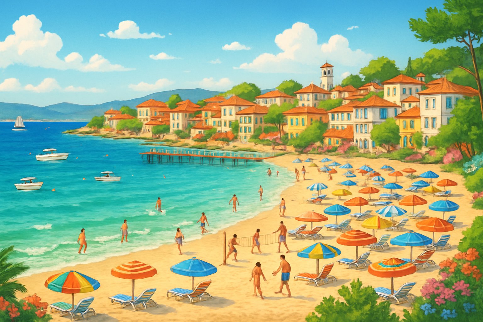 A sunny beach scene at a Bulgarian sea resort with people enjoying the sand, clear blue water, boats, and coastal buildings surrounded by greenery.
