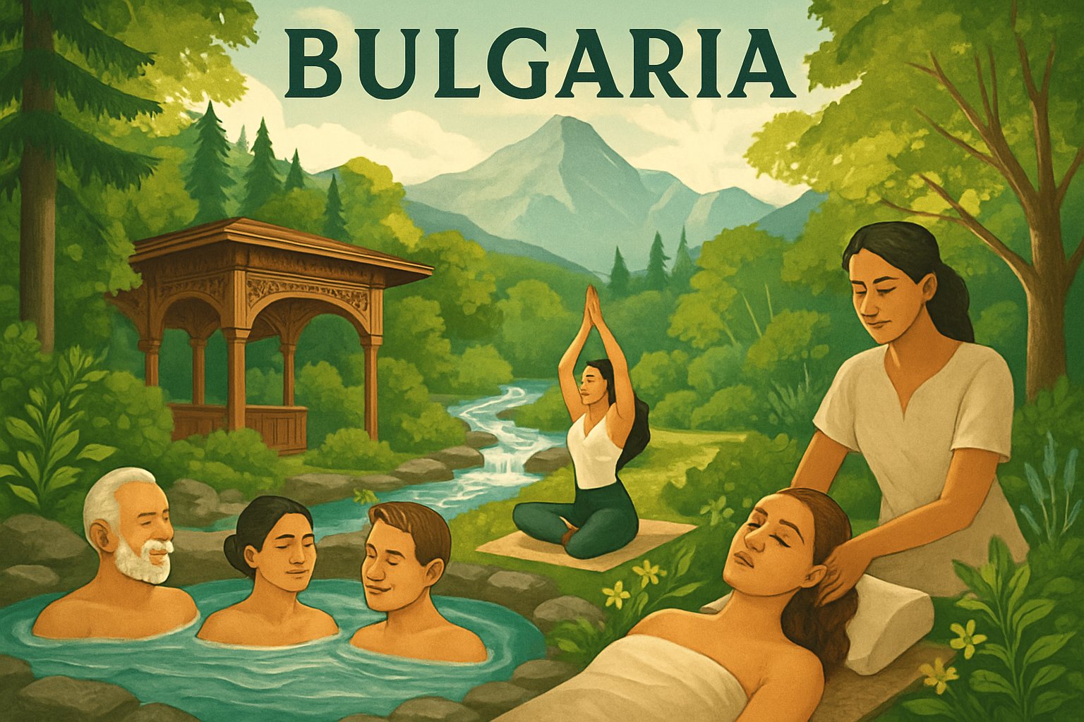 A peaceful natural landscape with people enjoying hot springs, yoga, and spa treatments surrounded by forests and mountains.