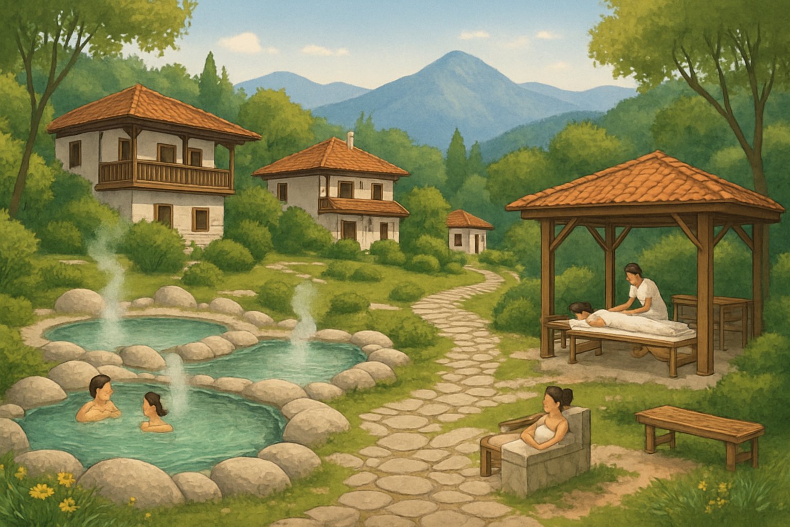 A peaceful spa resort with natural hot spring pools, wooden chalets, mountains, and people relaxing in a green, scenic environment.