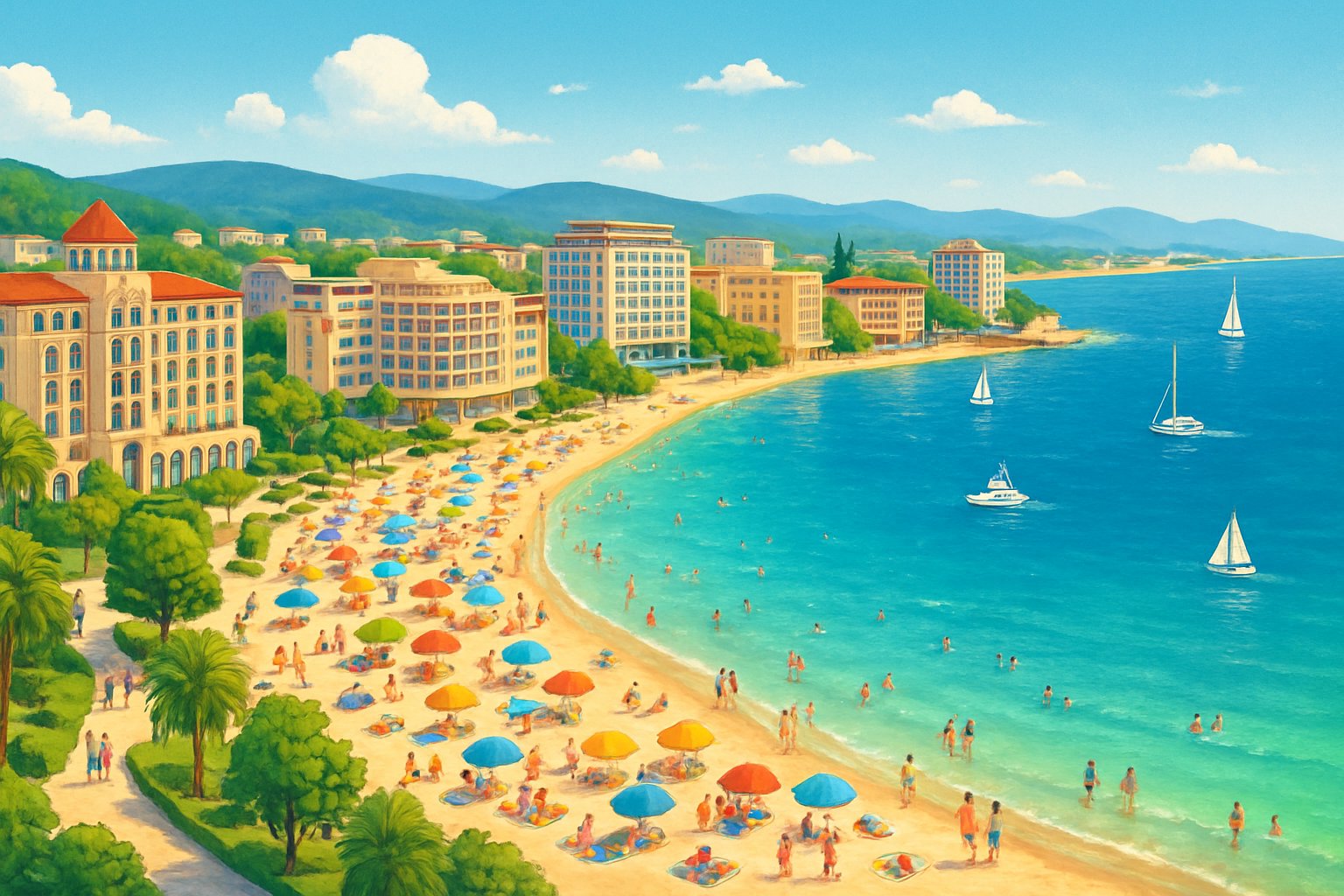 A coastal scene of Bulgarian Black Sea resorts with sandy beaches, blue water, resort buildings, palm trees, boats, and people enjoying the beach and promenade.