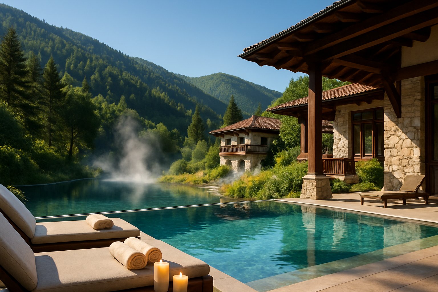 A peaceful outdoor spa area with a pool, lounge chairs, natural hot springs, and green mountains in the background.