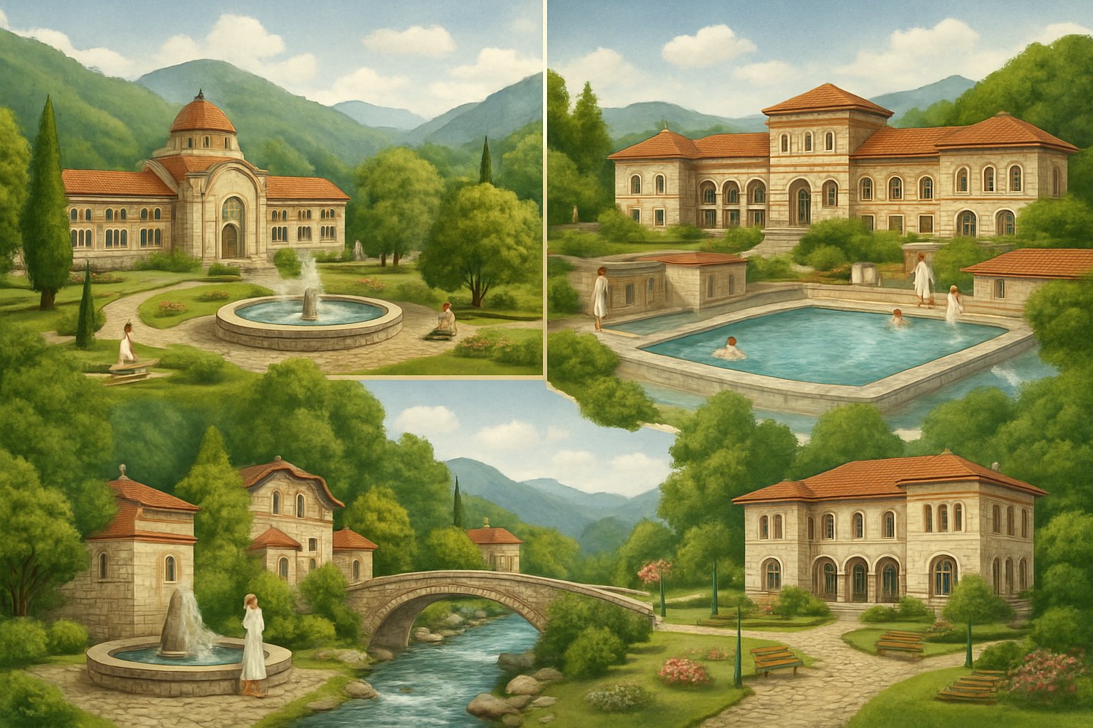 Scenic view of Bulgarian spa towns with mountains, rivers, historic spa buildings, thermal pools, and people enjoying the peaceful surroundings.